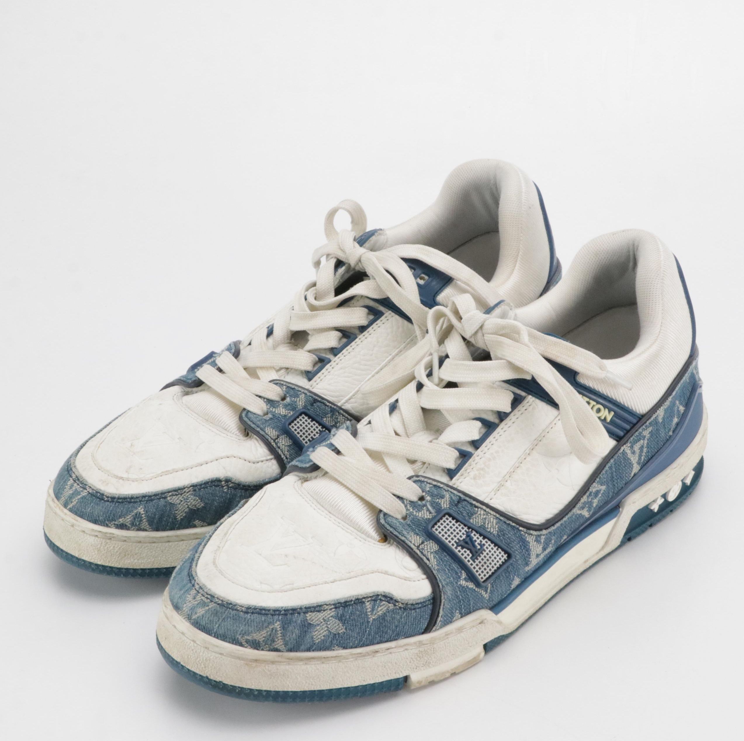 Men's Louis Vuitton Blue and White Monogram Denim Lace-Up LV Sneakers