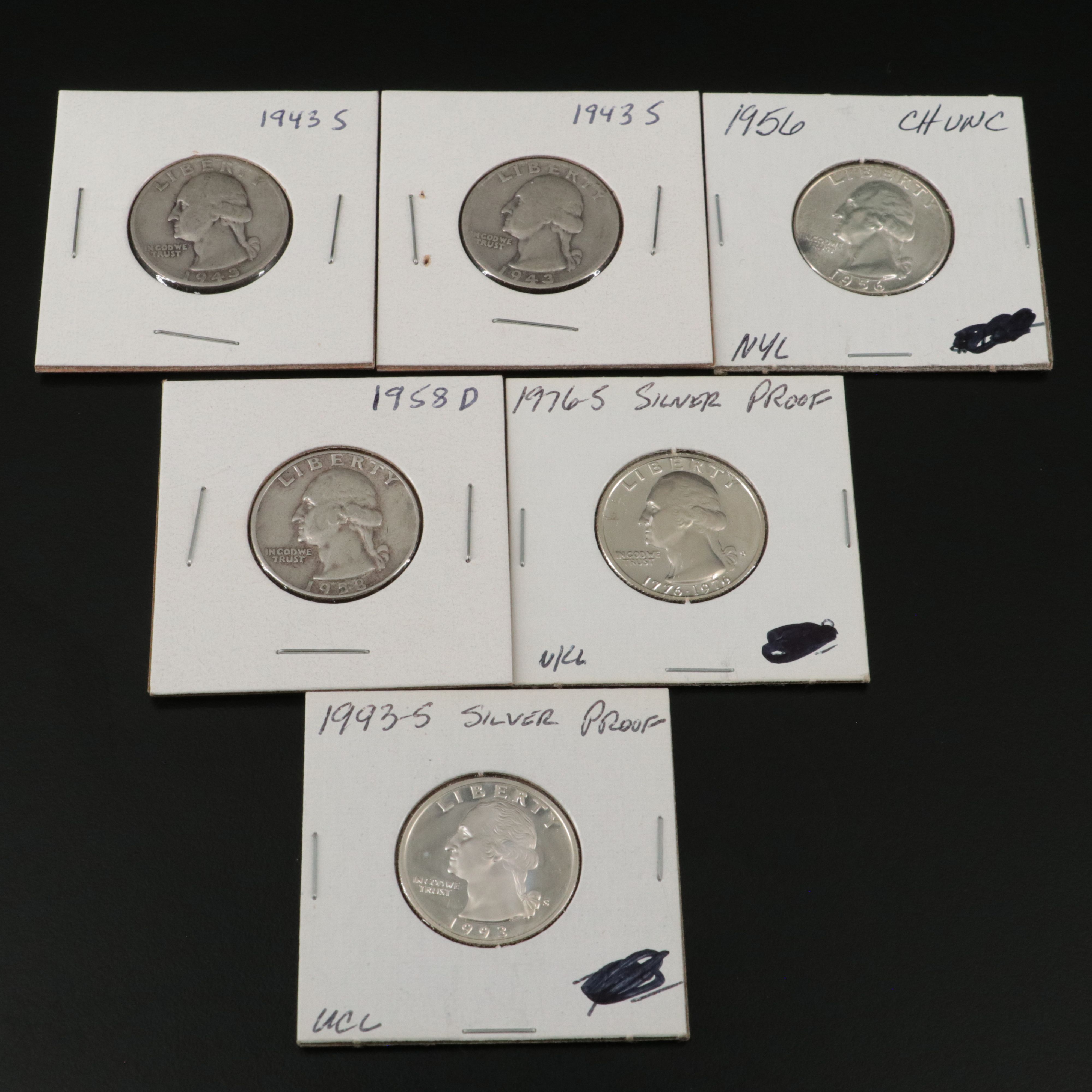 Six Washington Silver Quarters, Including Proofs