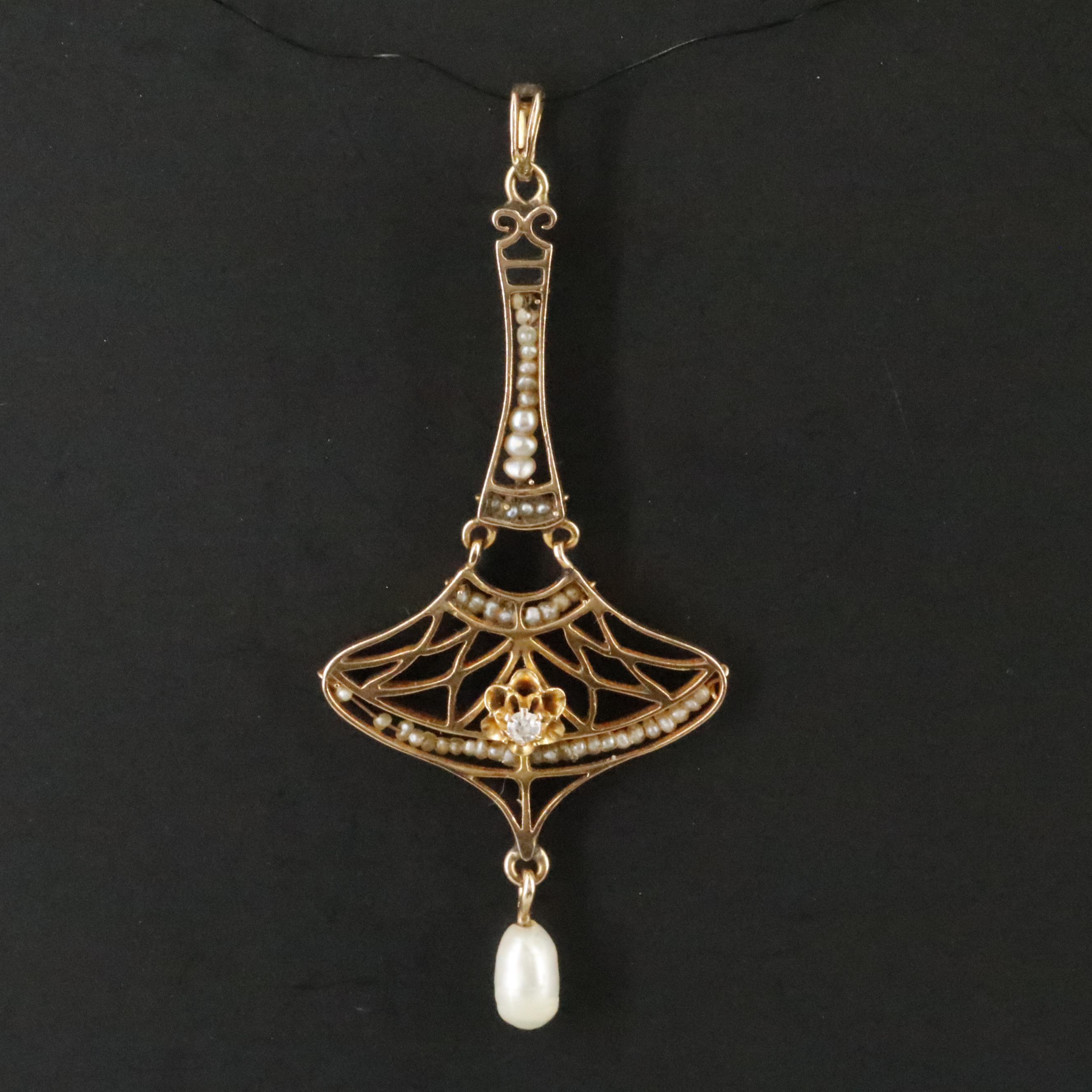 Art Nouveau 10K 0.03 CT Diamond, Pearl, and Seed Pearl Lavalier Pendant
