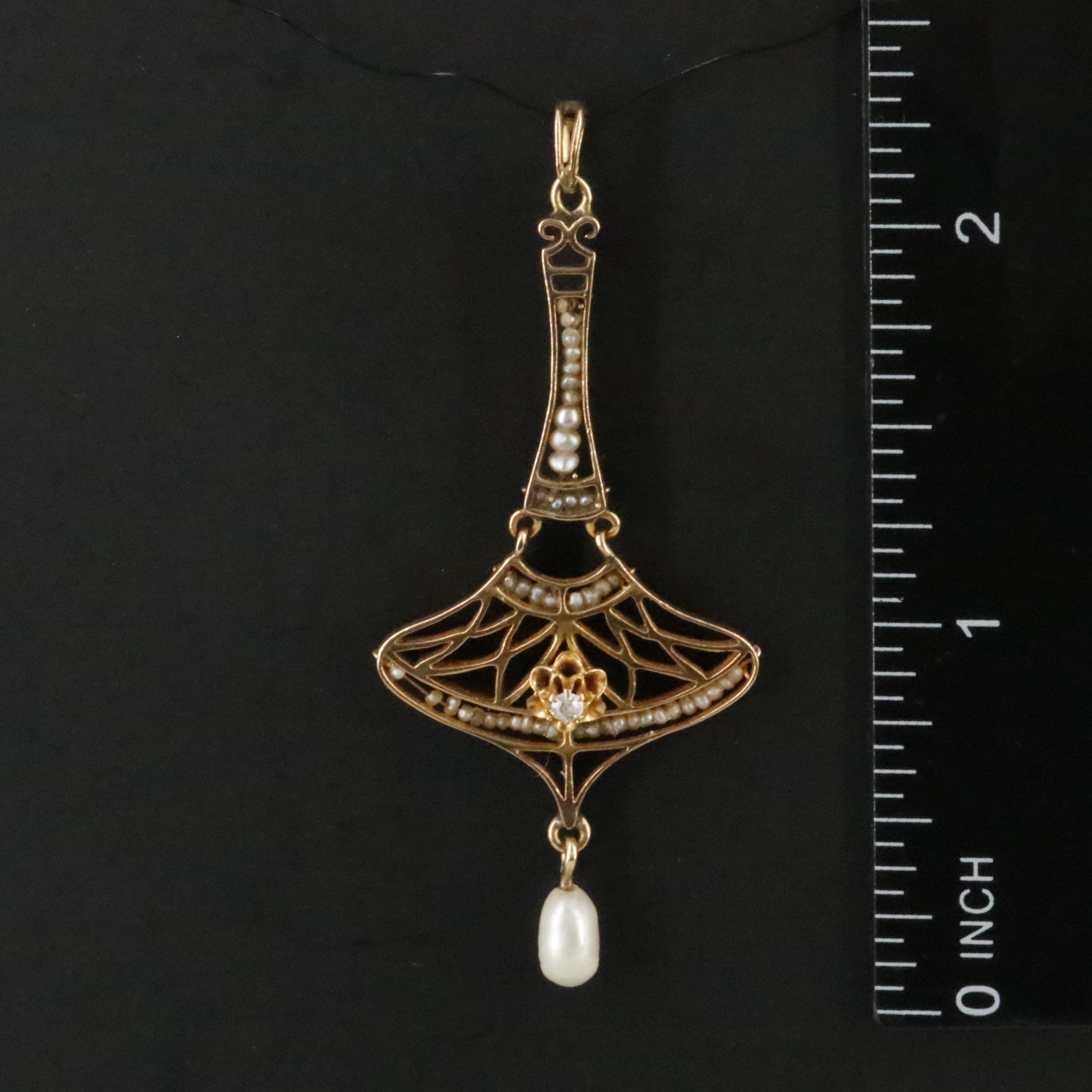 Art Nouveau 10K 0.03 CT Diamond, Pearl, and Seed Pearl Lavalier Pendant