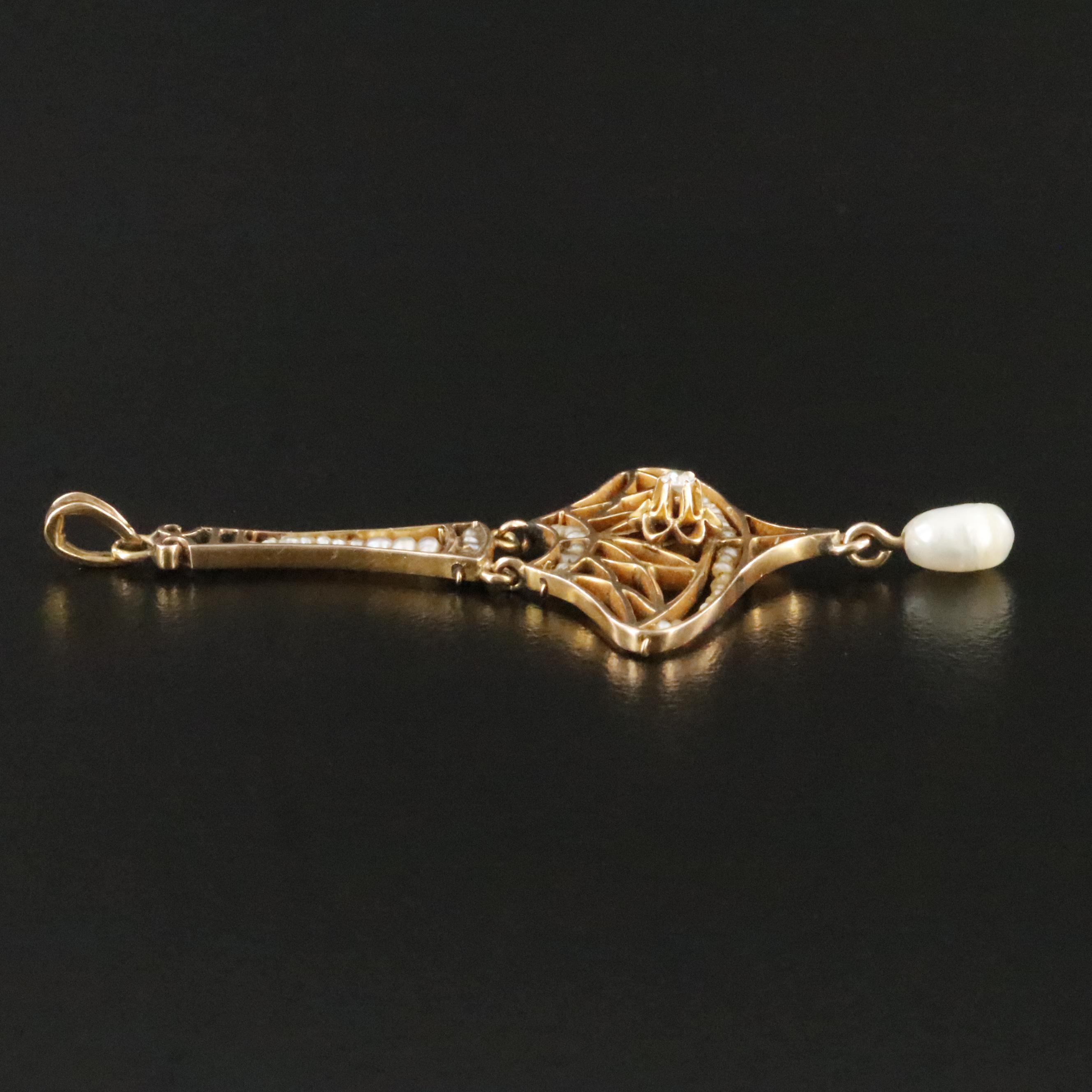 Art Nouveau 10K 0.03 CT Diamond, Pearl, and Seed Pearl Lavalier Pendant