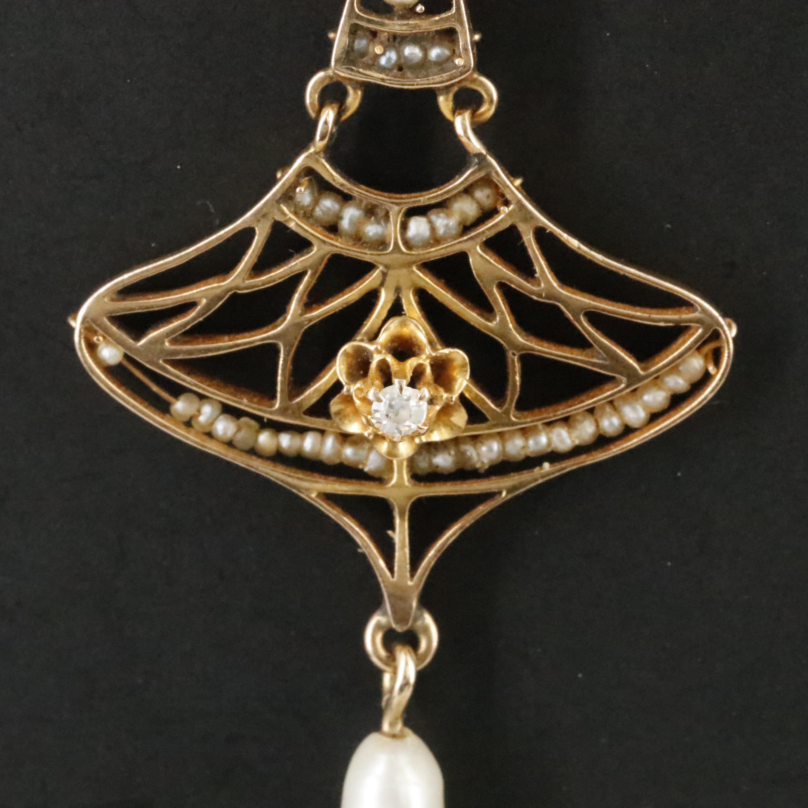 Art Nouveau 10K 0.03 CT Diamond, Pearl, and Seed Pearl Lavalier Pendant