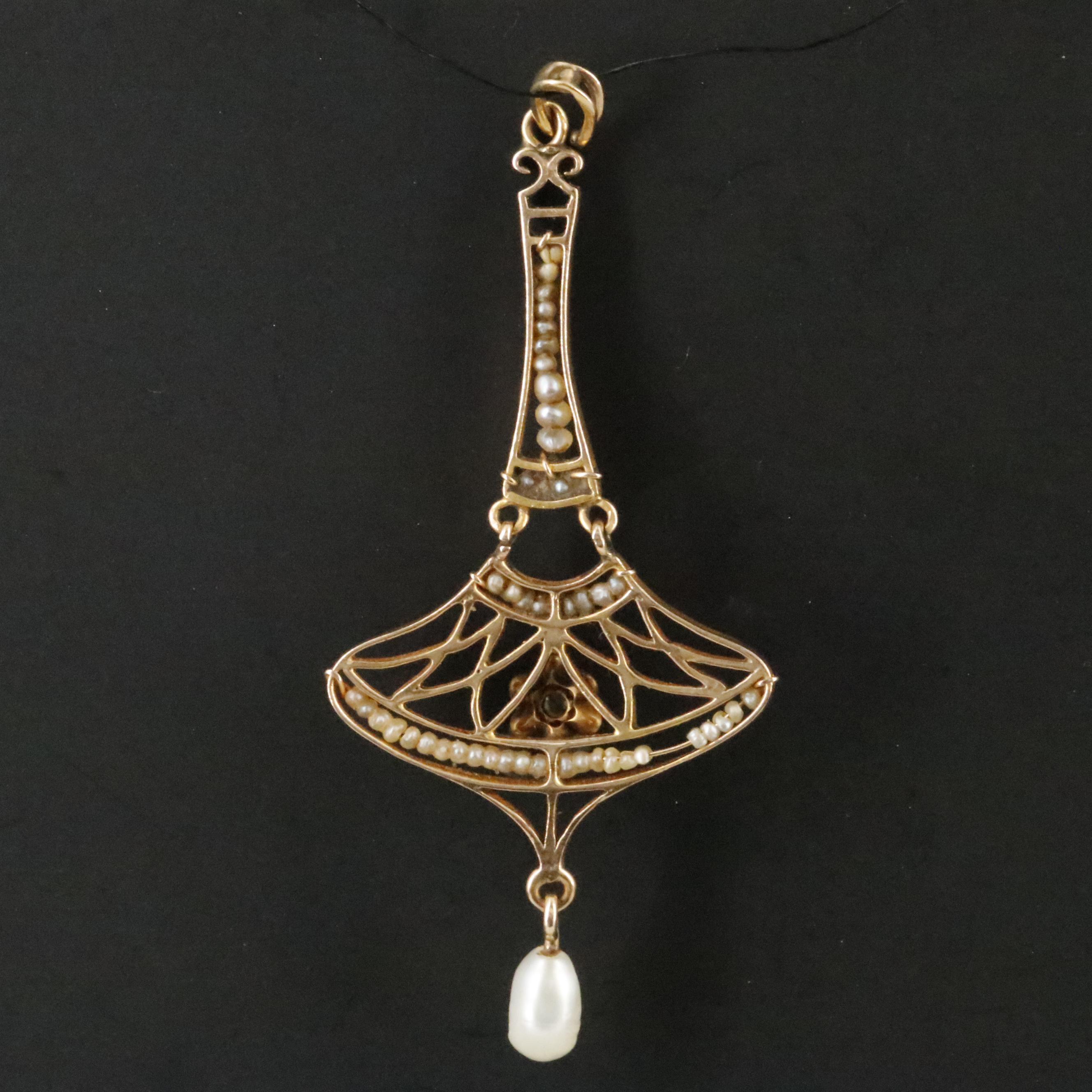 Art Nouveau 10K 0.03 CT Diamond, Pearl, and Seed Pearl Lavalier Pendant
