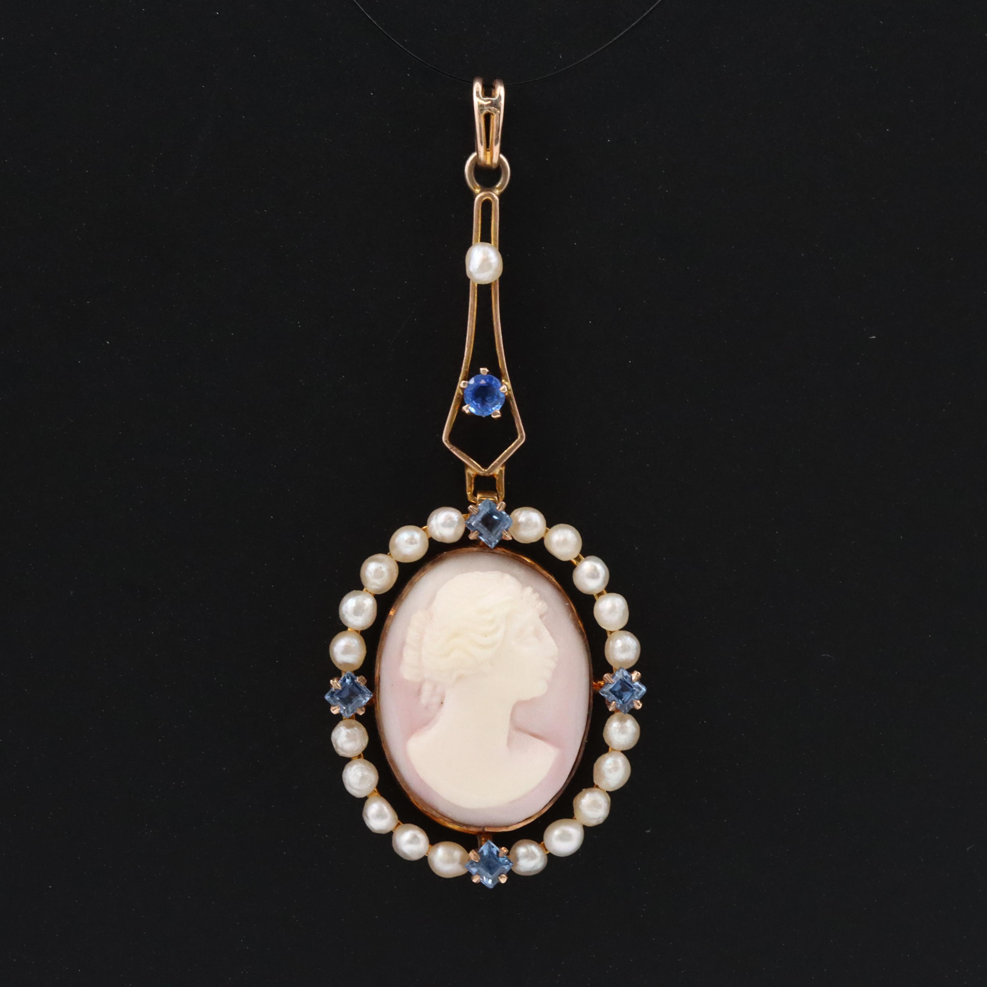 Early 1900s 10K Shell Cameo and Sapphire Pendant