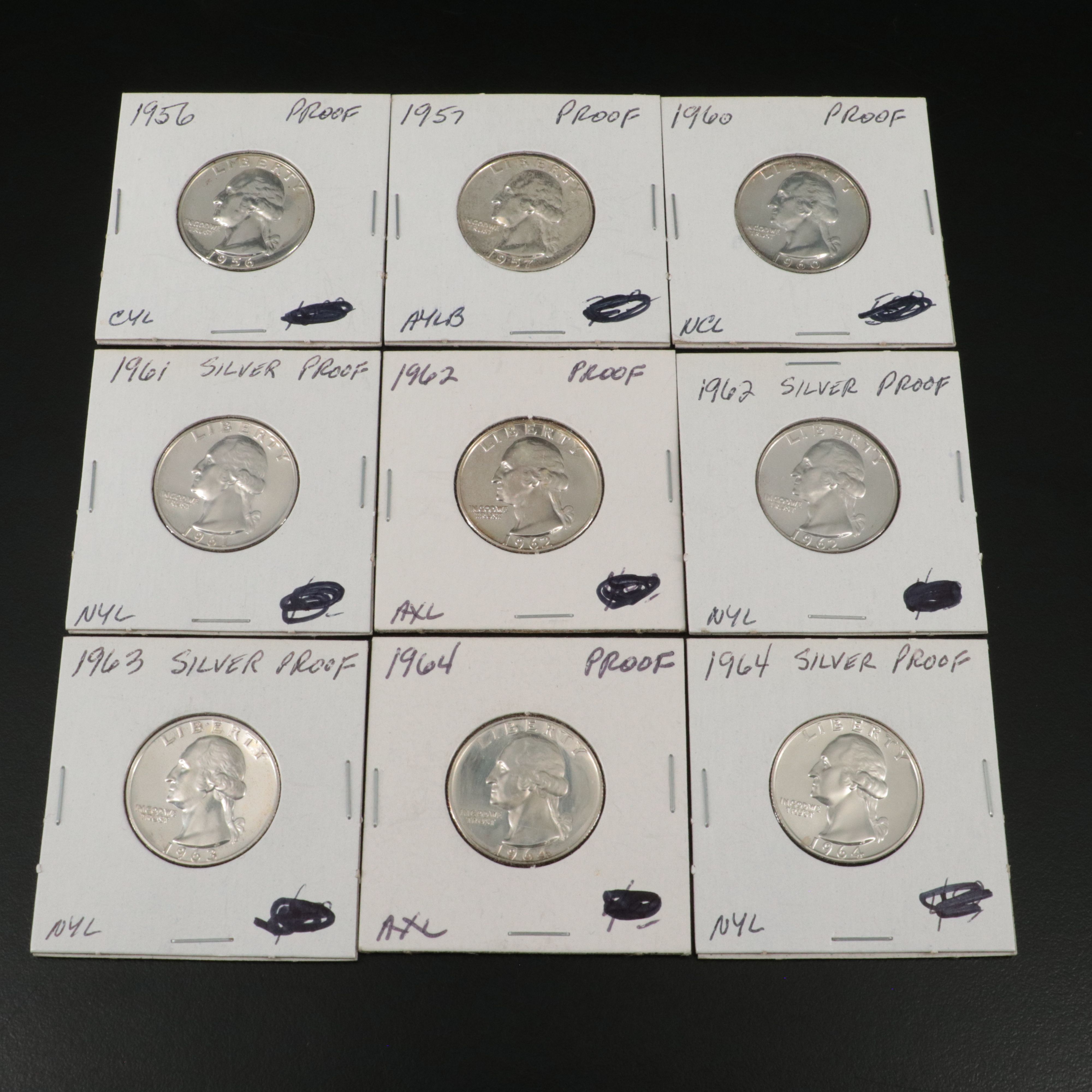 Nine Washington Silver Proof Quarters, 1956 to 1964