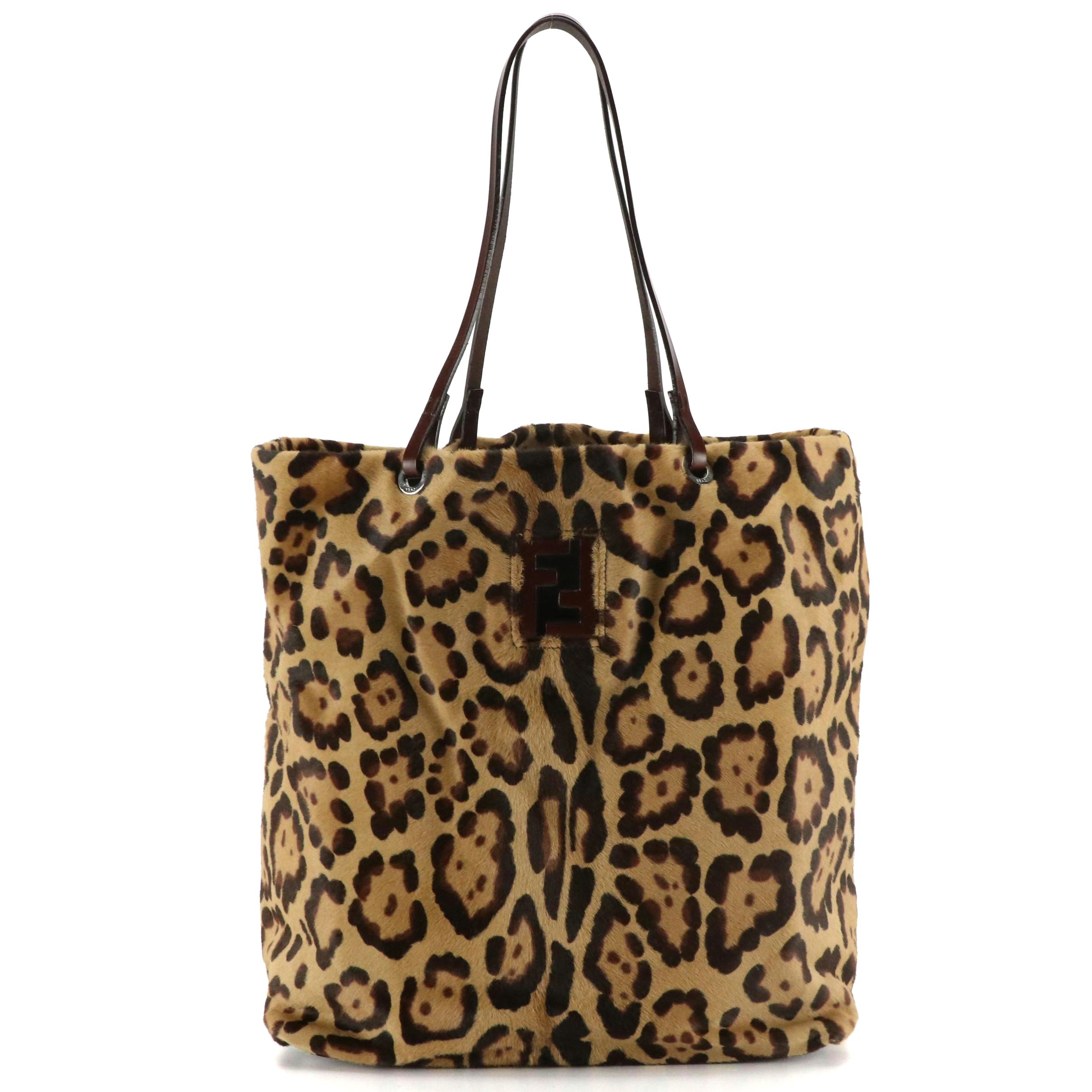 Fendi FF Cutout Leopard Print Pony Hair Tote with Brown Leather Trim