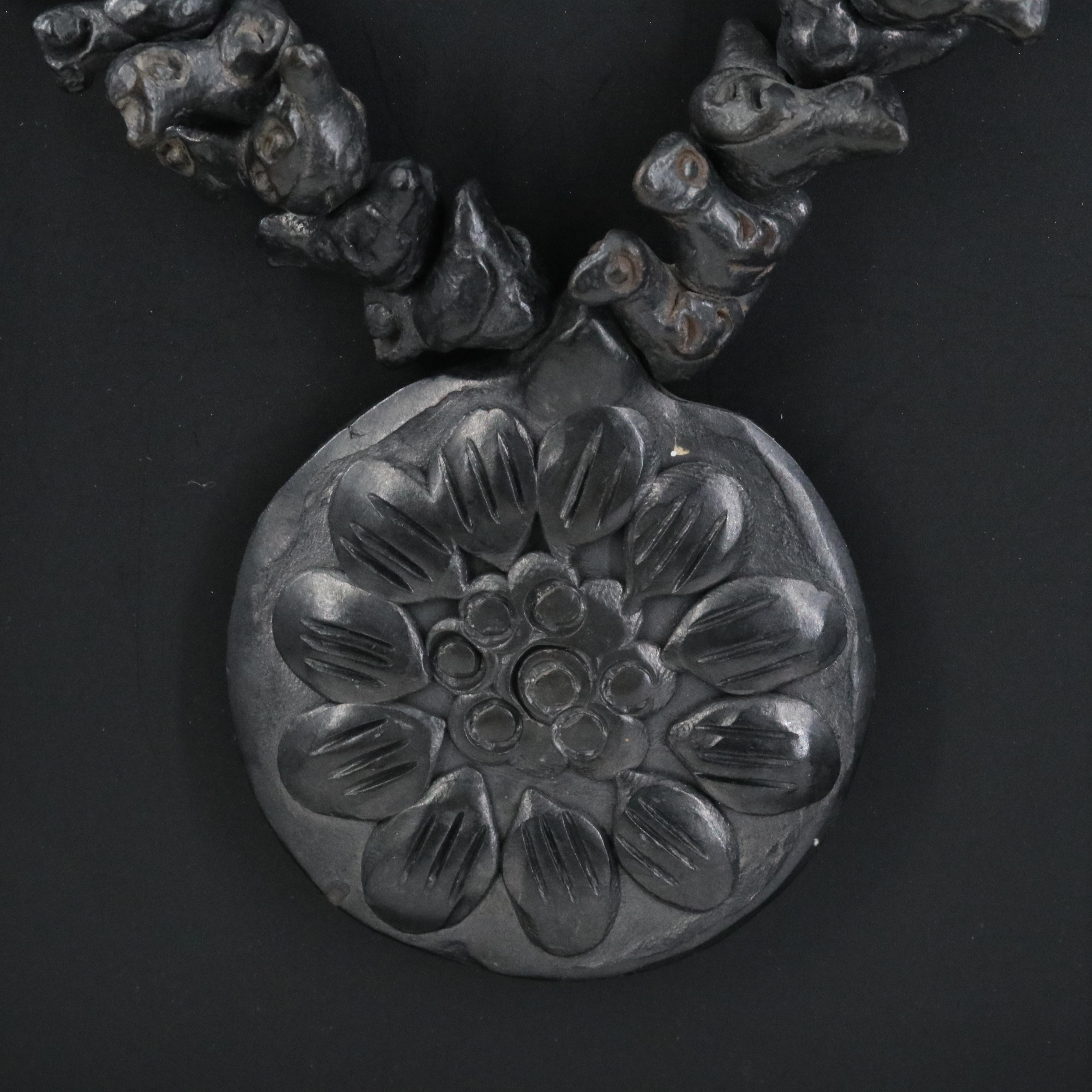 Vintage Oaxacan Barro Negro Necklace with Flower and Birds