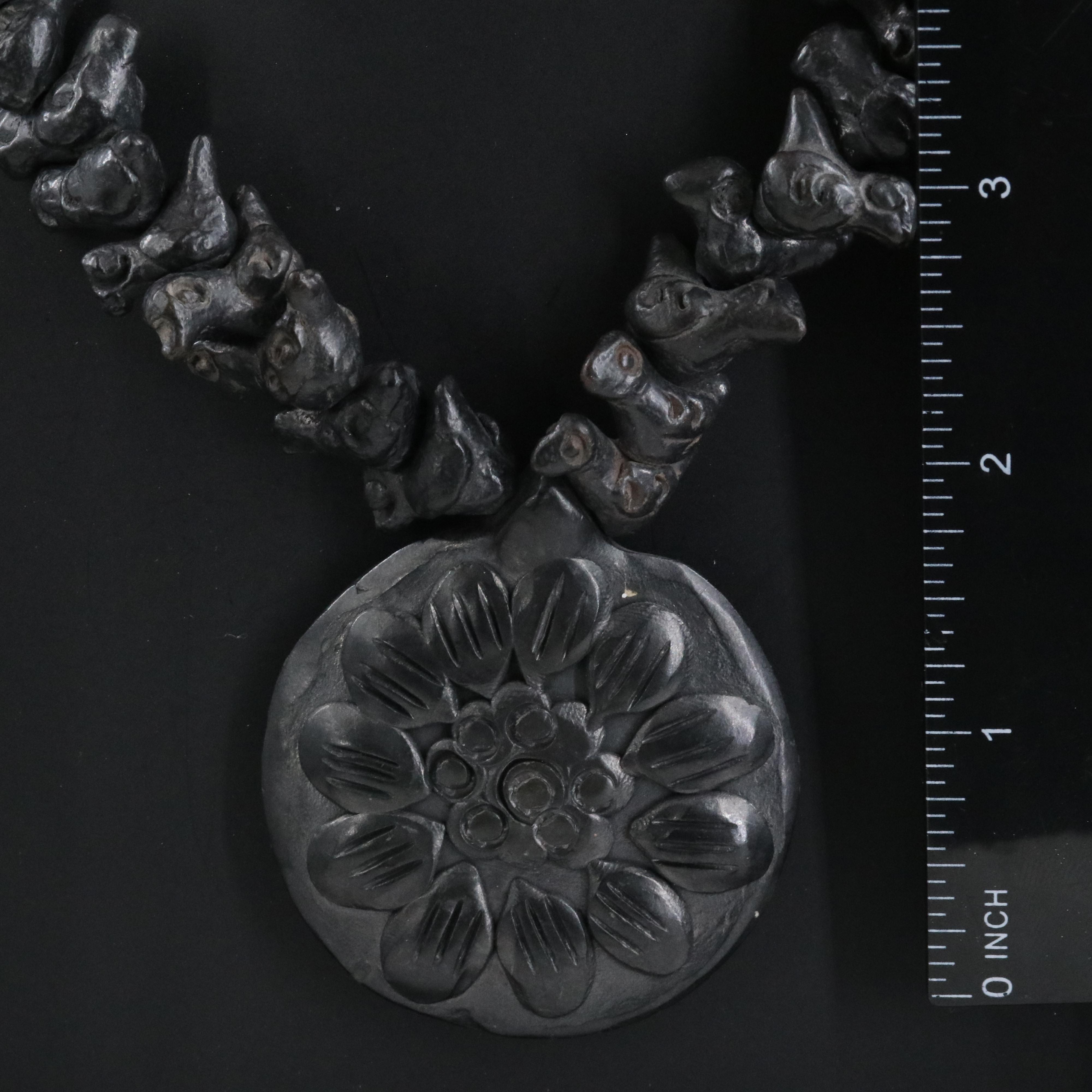Vintage Oaxacan Barro Negro Necklace with Flower and Birds