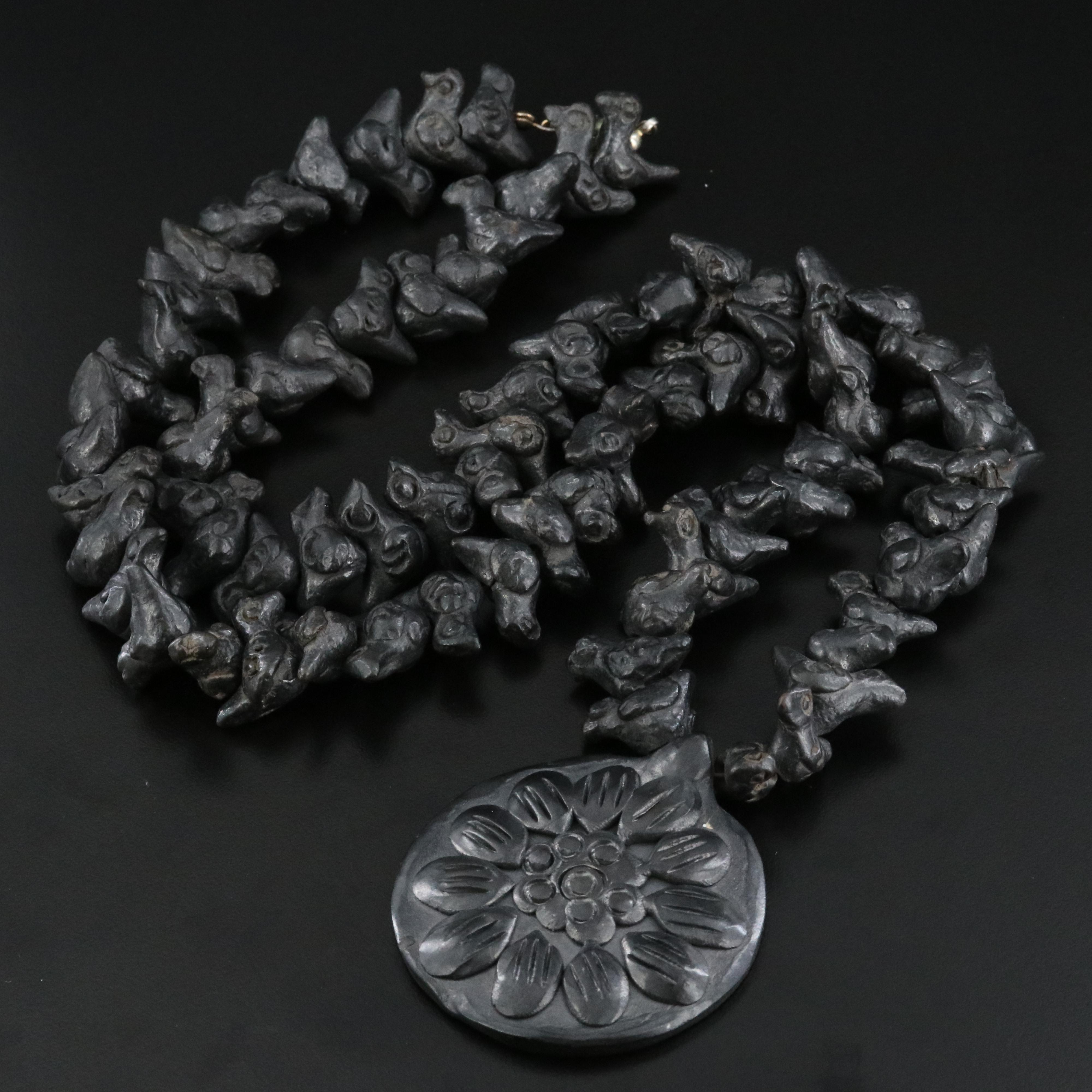 Vintage Oaxacan Barro Negro Necklace with Flower and Birds