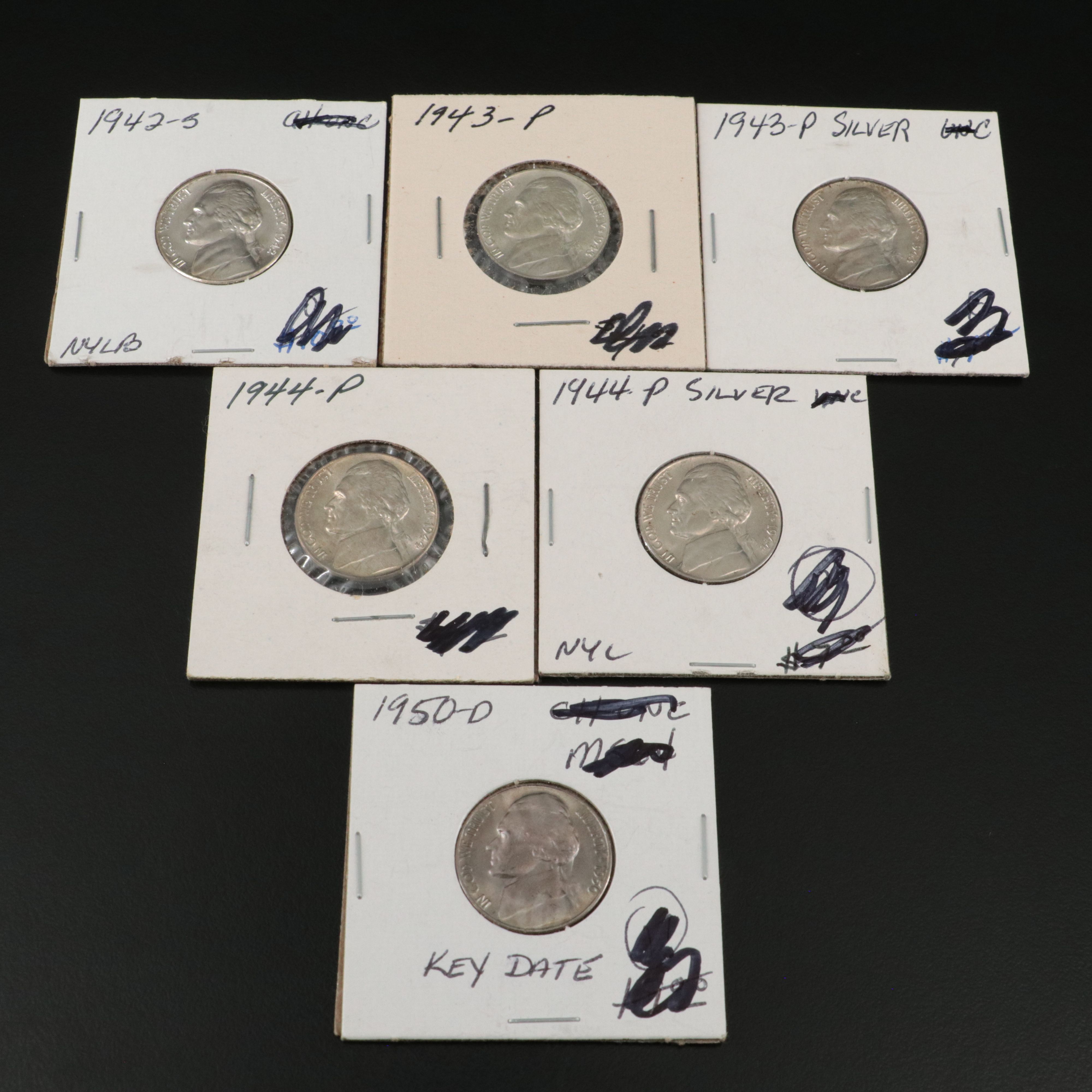 Six Uncirculated Jefferson Nickels, Including 1950-D and Five Silver Nickels
