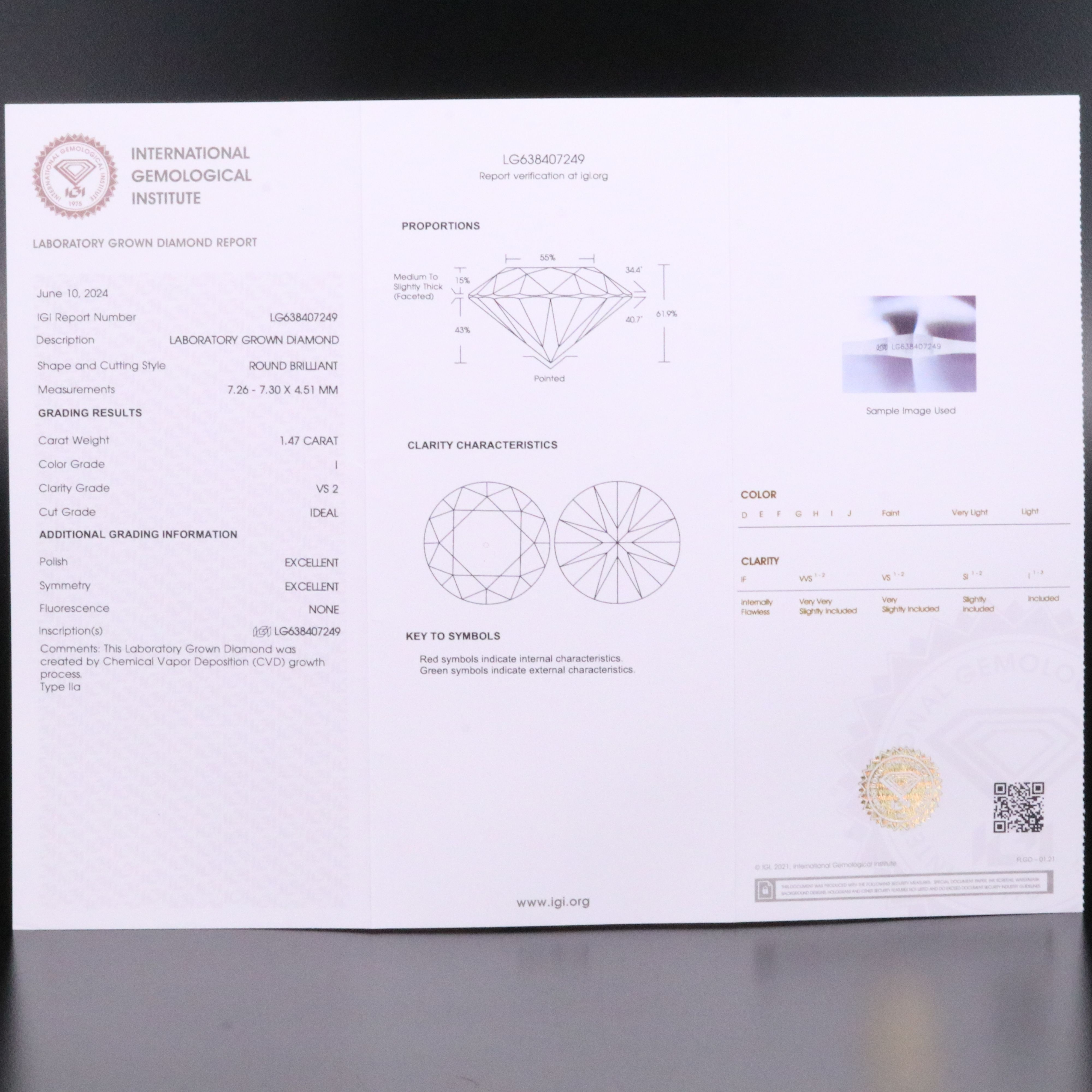 Loose 1.47 CT Lab Grown Diamond with IGI Report