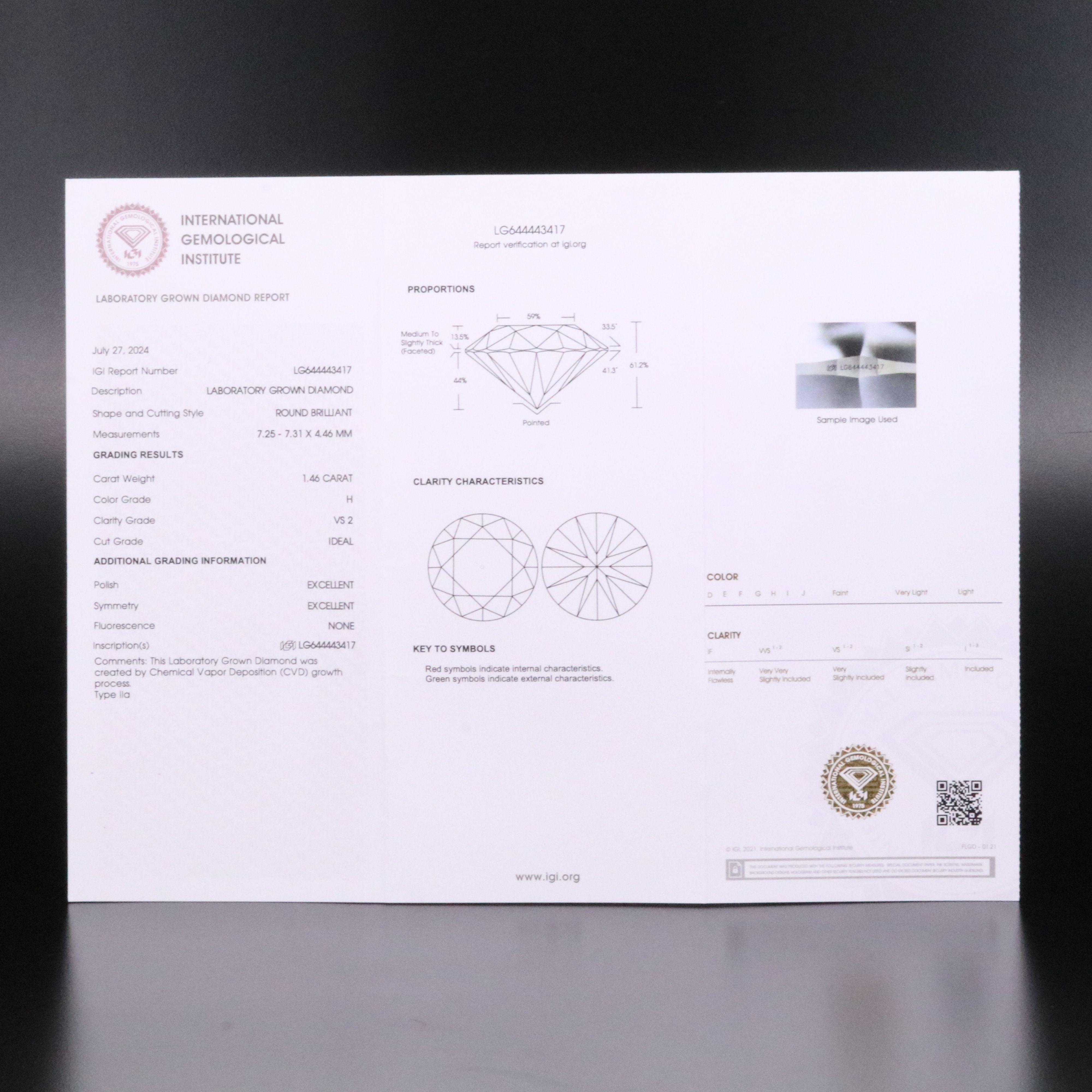 Loose 1.46 CT Lab Grown Diamond with IGI Report