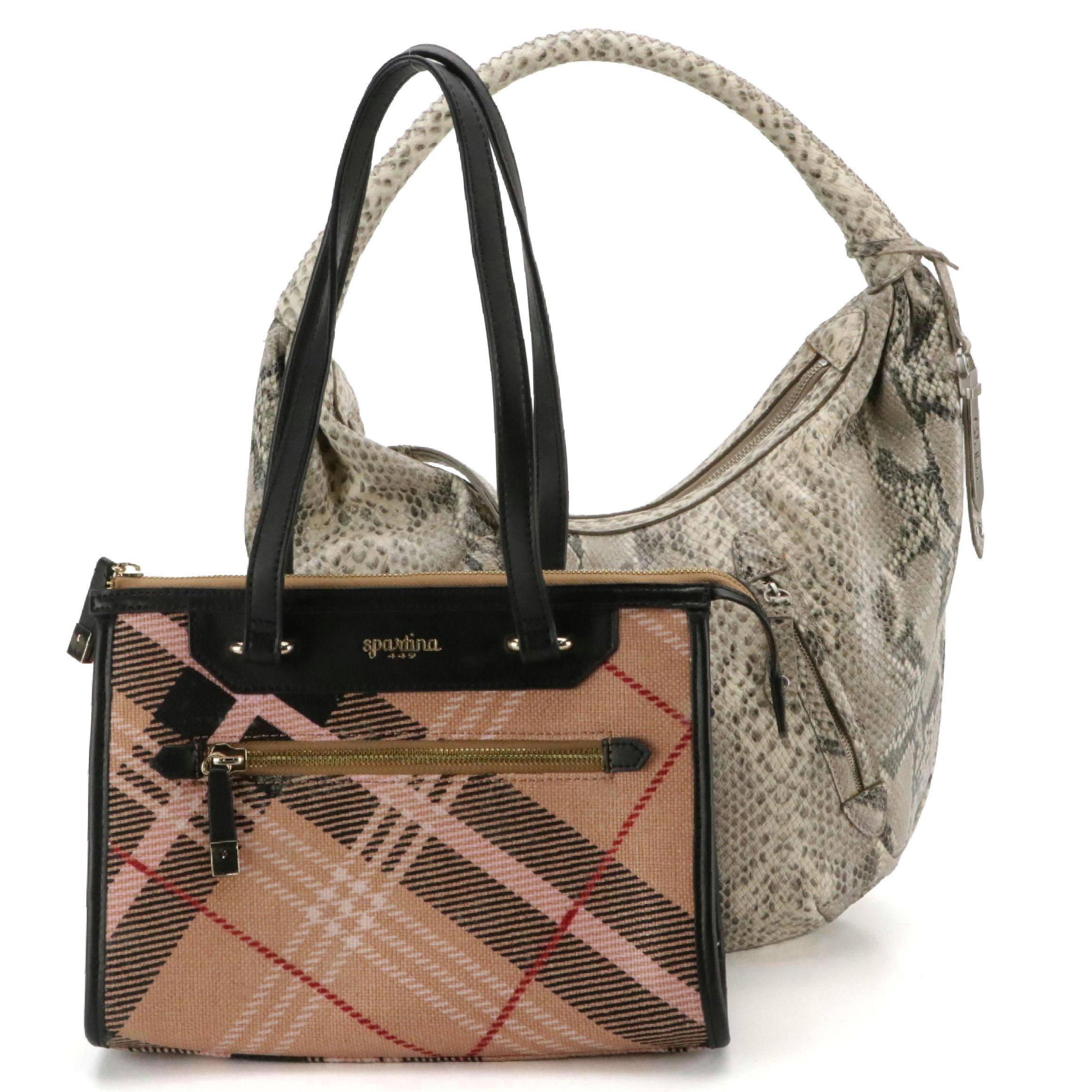 Cole Haan Snakeskin Leather Hobo Shoulder Bag and Spartina Plaid Canvas Zip Tote