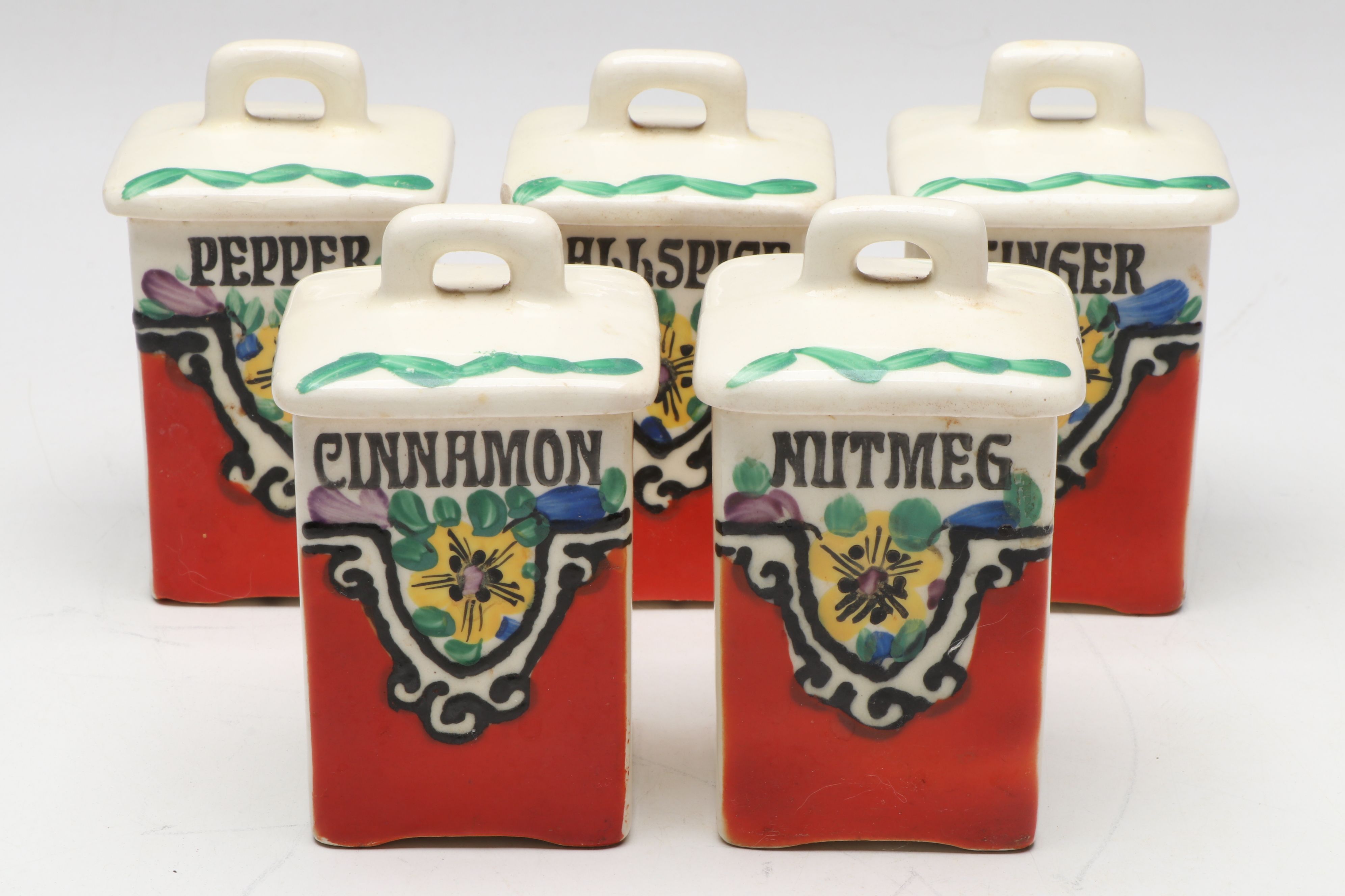 Czechoslovakian Hand-Painted Kitchen Canister Set with Oil and Vinegar Cruets