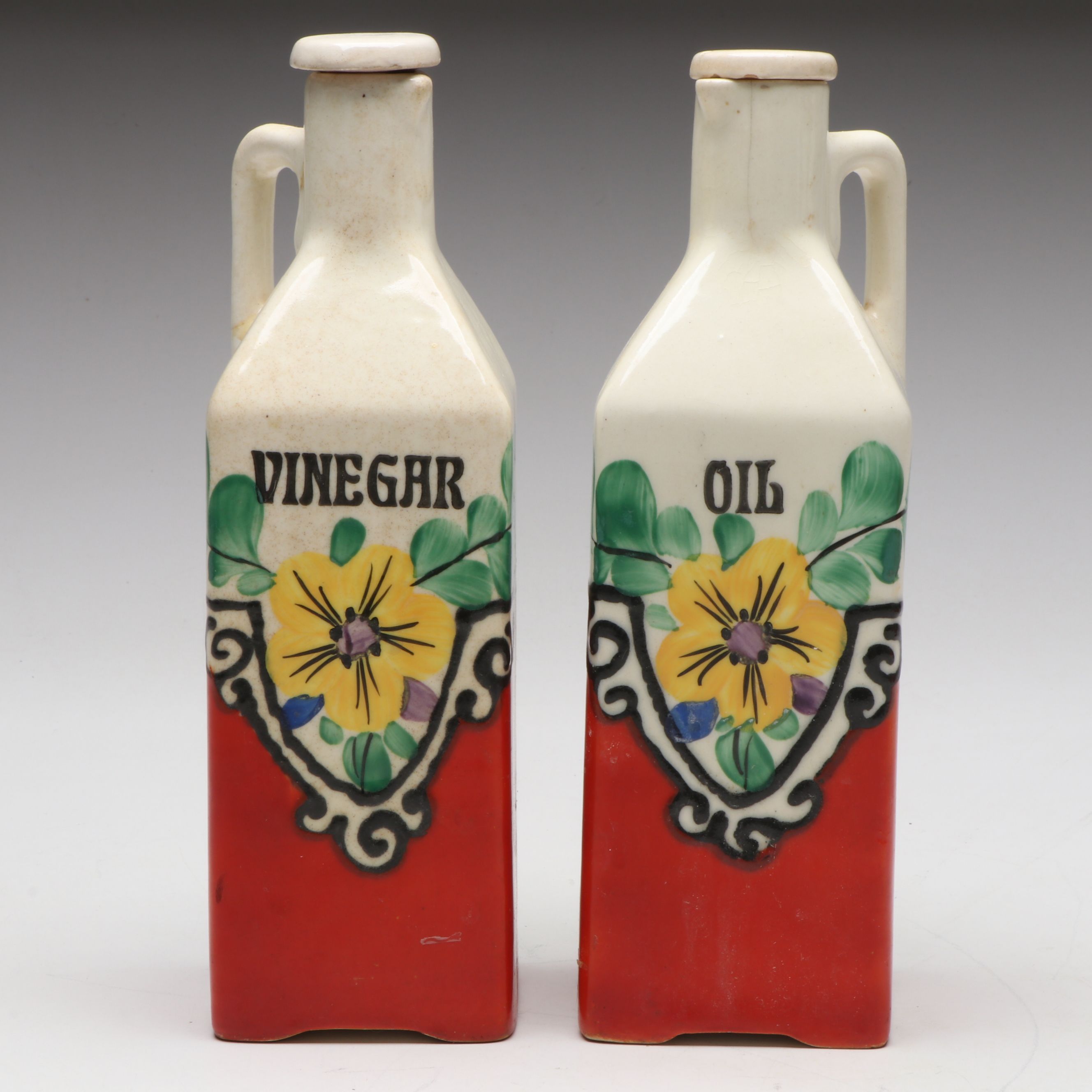Czechoslovakian Hand-Painted Kitchen Canister Set with Oil and Vinegar Cruets