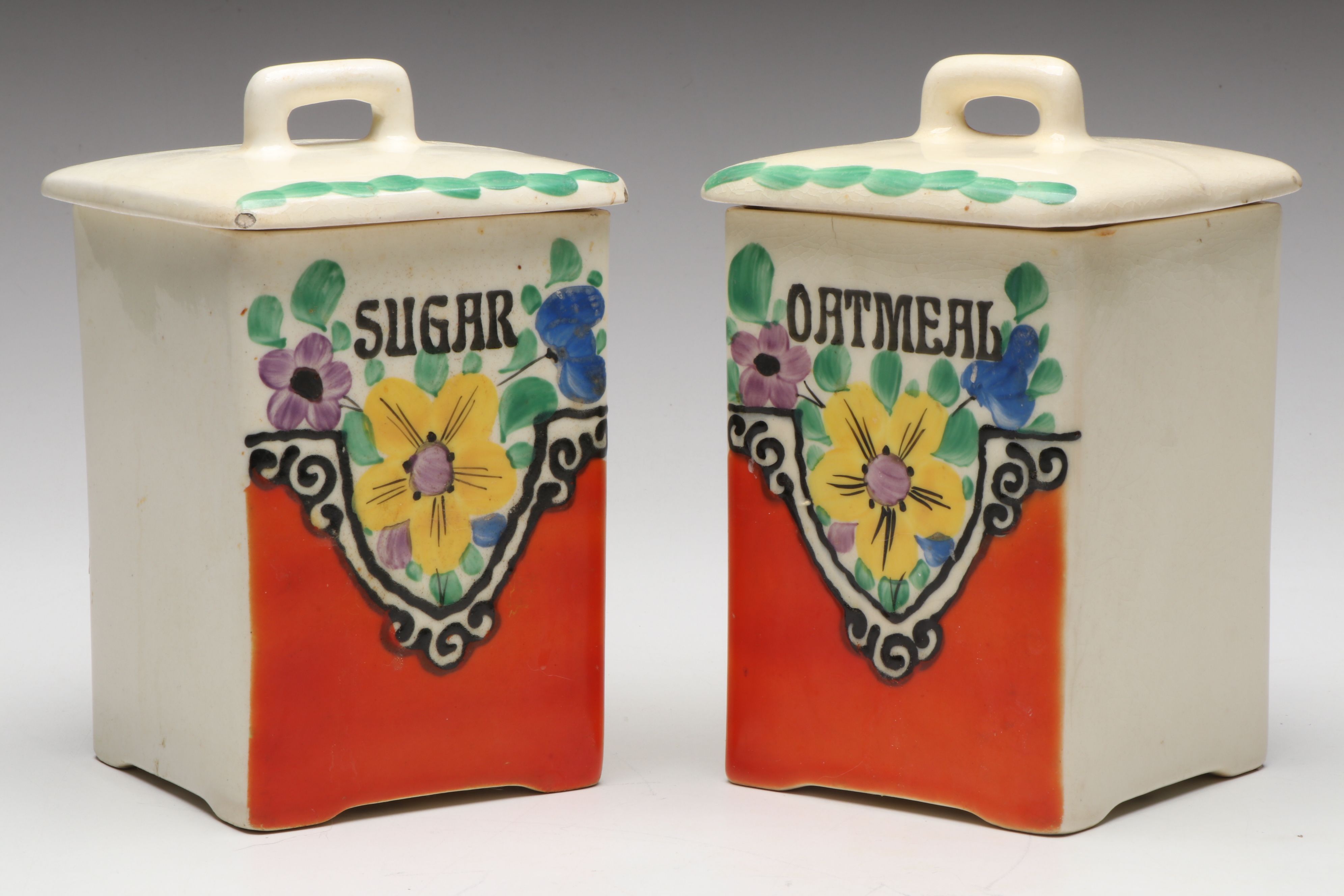 Czechoslovakian Hand-Painted Kitchen Canister Set with Oil and Vinegar Cruets