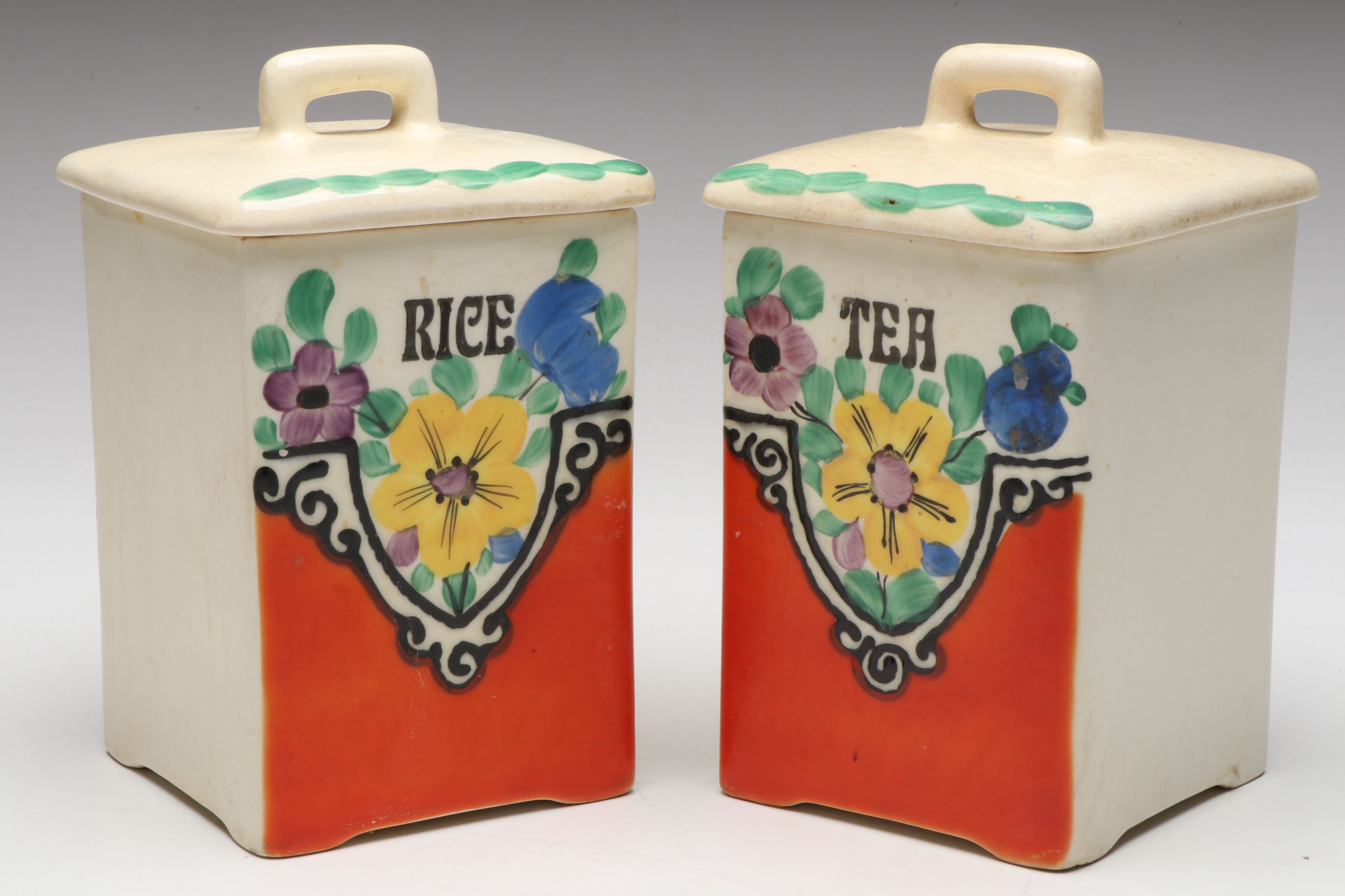 Czechoslovakian Hand-Painted Kitchen Canister Set with Oil and Vinegar Cruets