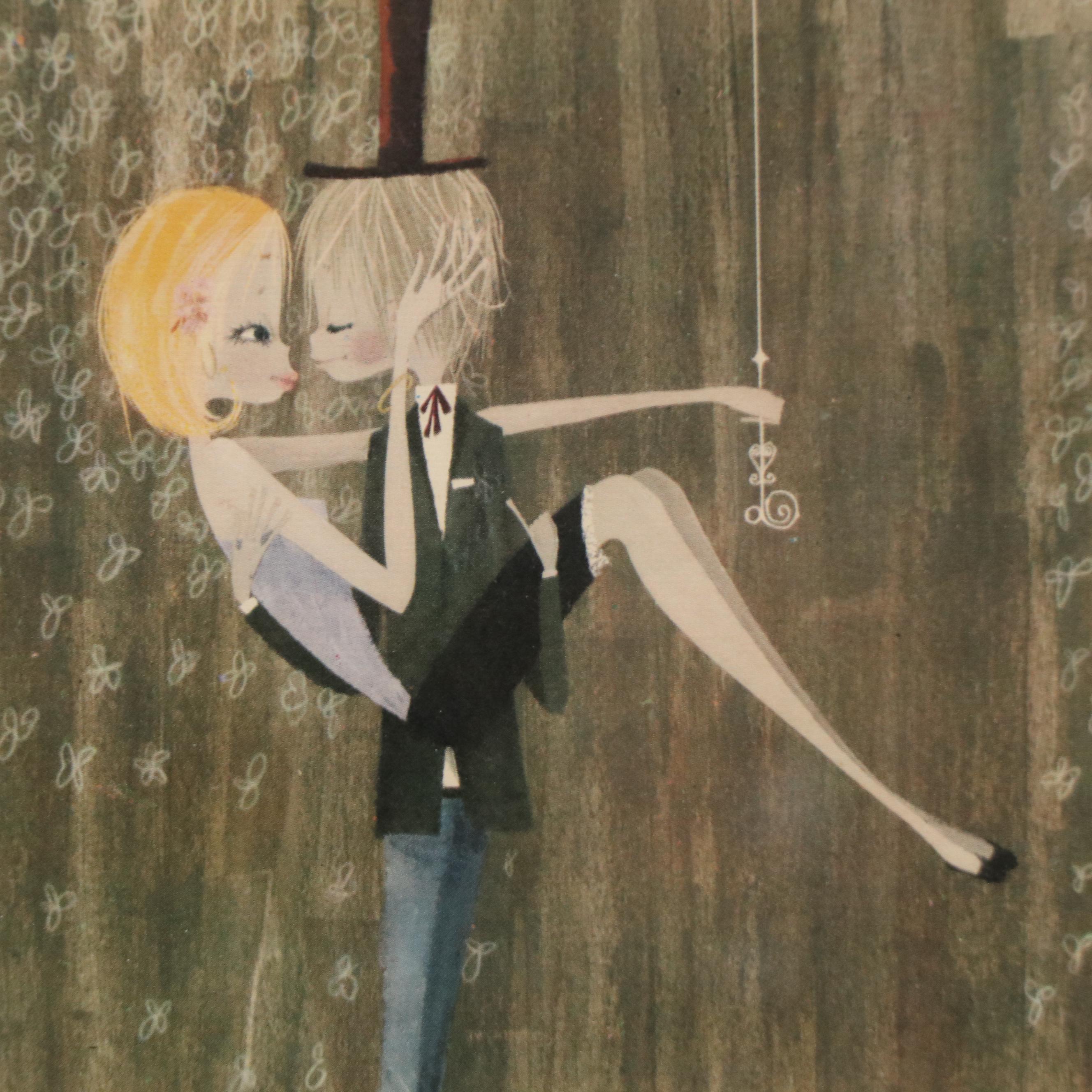 Mod Offset Lithograph Print of Couple in the Rain, Circa 1965