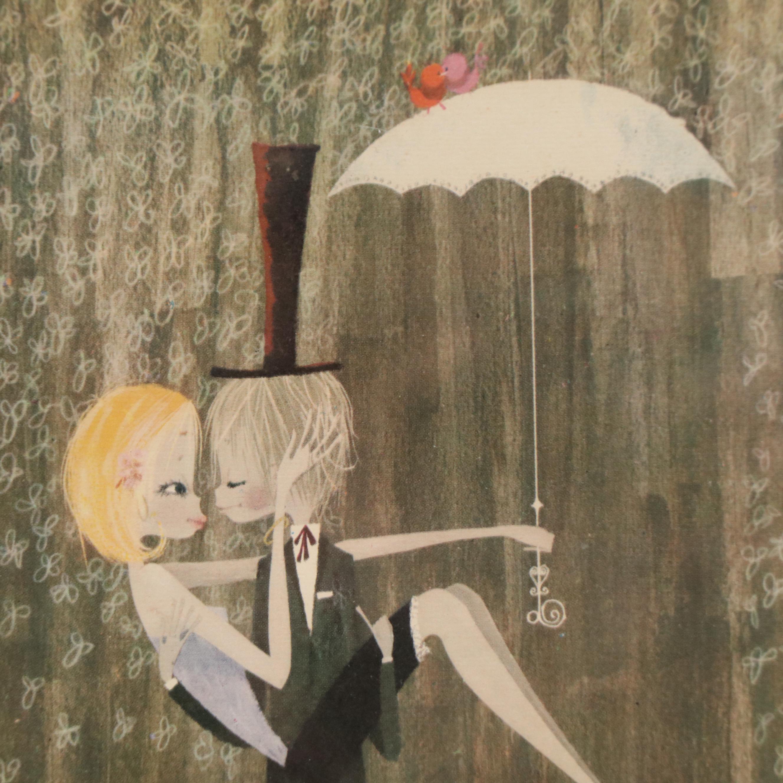 Mod Offset Lithograph Print of Couple in the Rain, Circa 1965