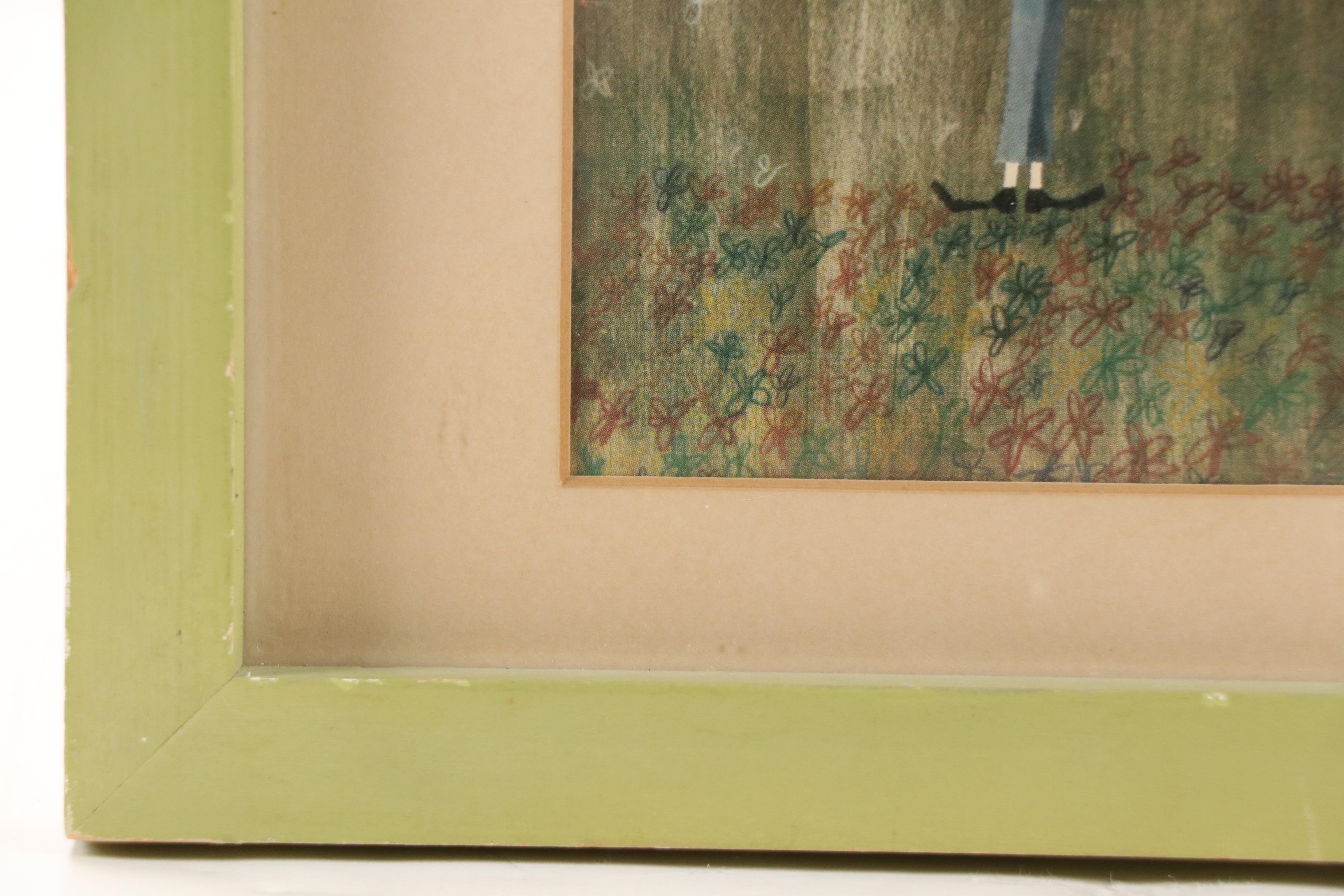 Mod Offset Lithograph Print of Couple in the Rain, Circa 1965