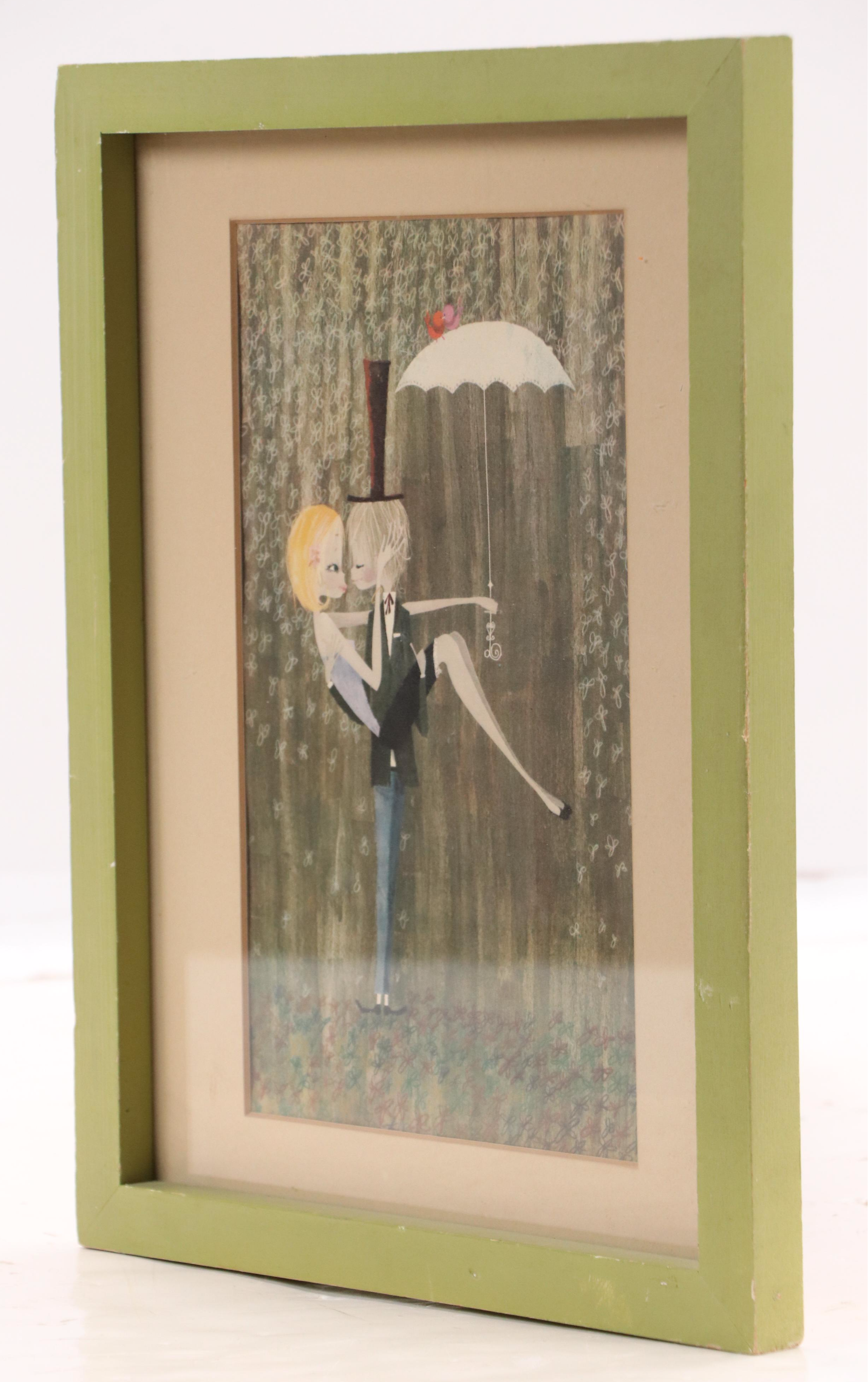 Mod Offset Lithograph Print of Couple in the Rain, Circa 1965