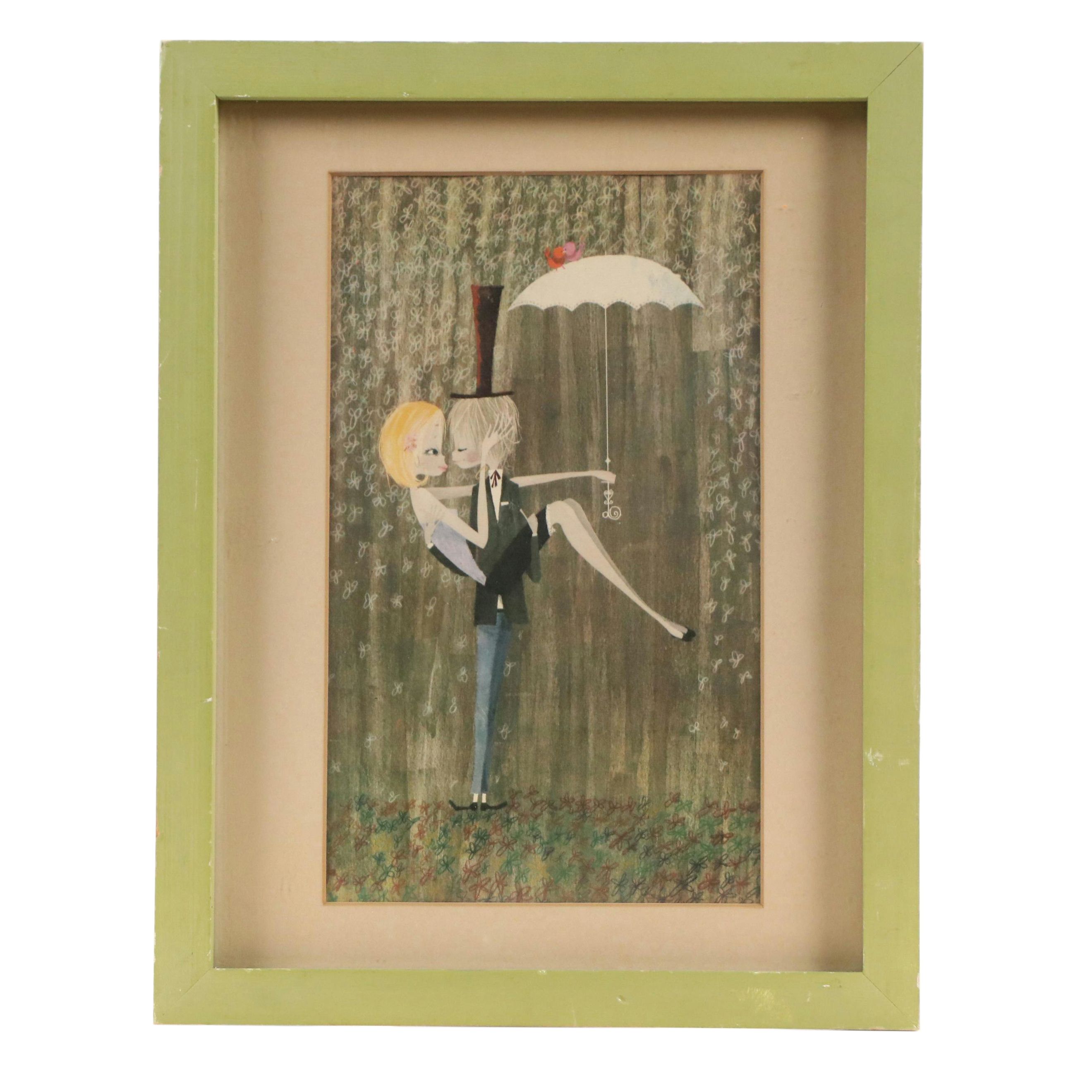 Mod Offset Lithograph Print of Couple in the Rain, Circa 1965