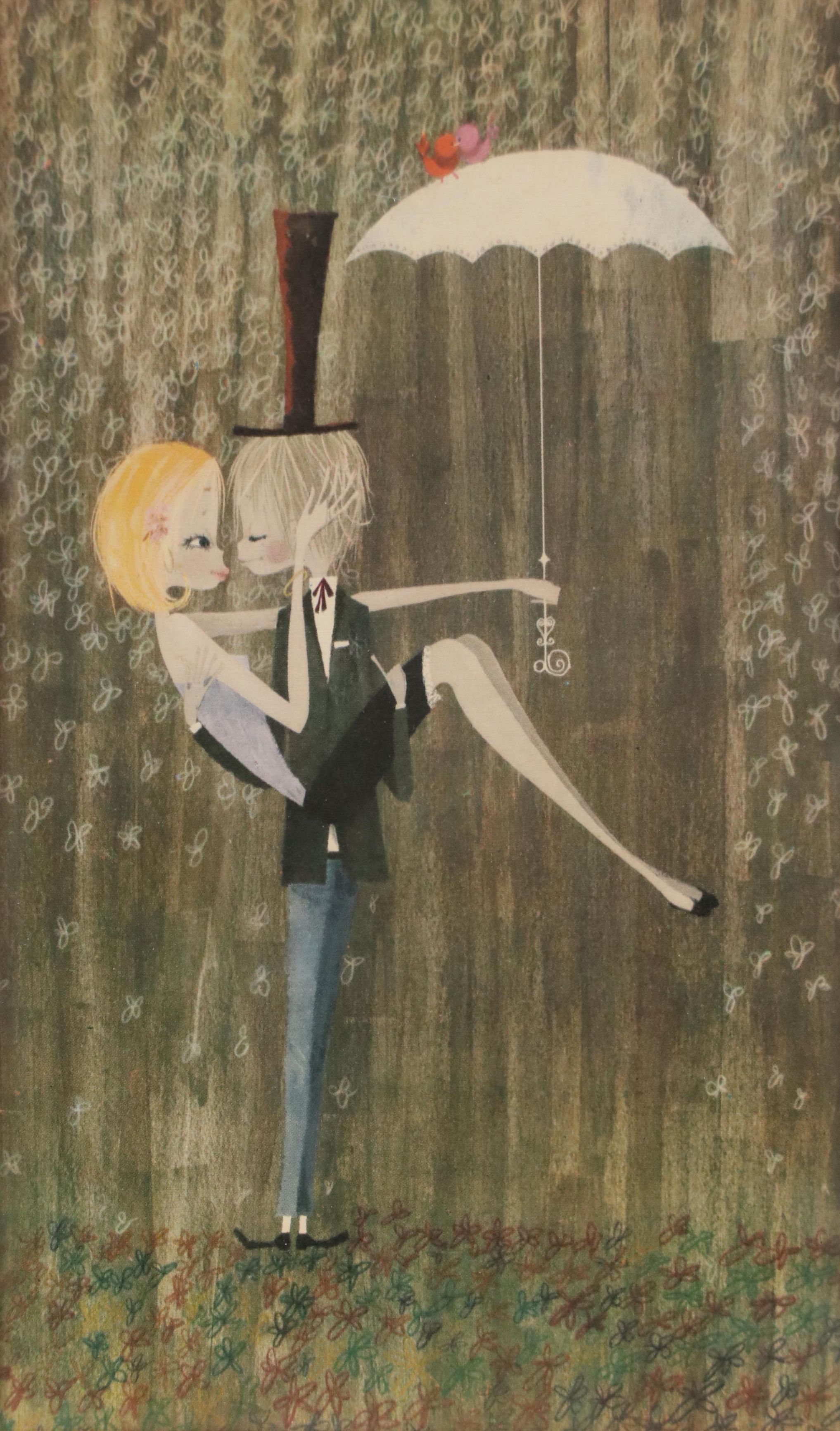 Mod Offset Lithograph Print of Couple in the Rain, Circa 1965