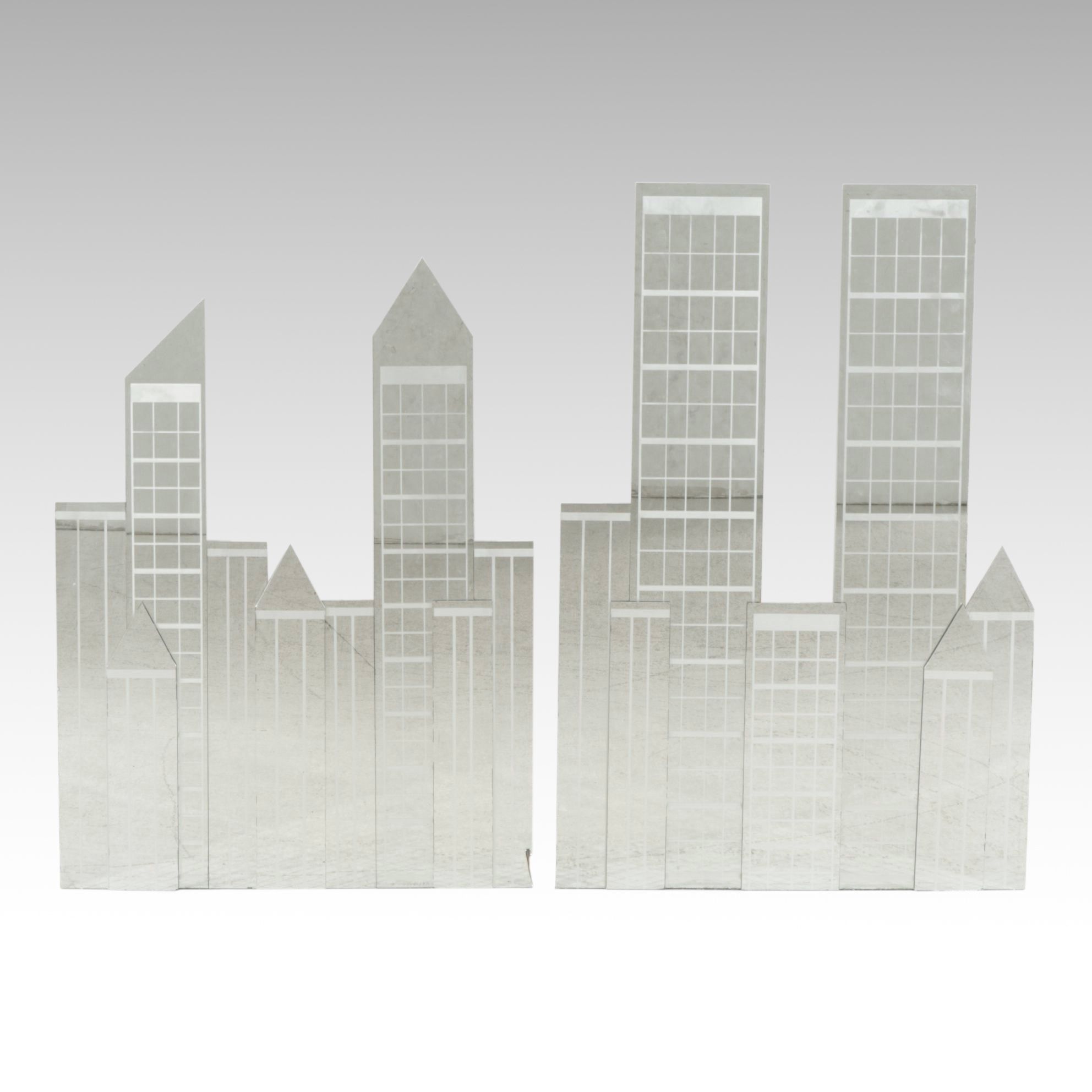Two Urban Skyline Style Mirrored Wall Hanging Decorations