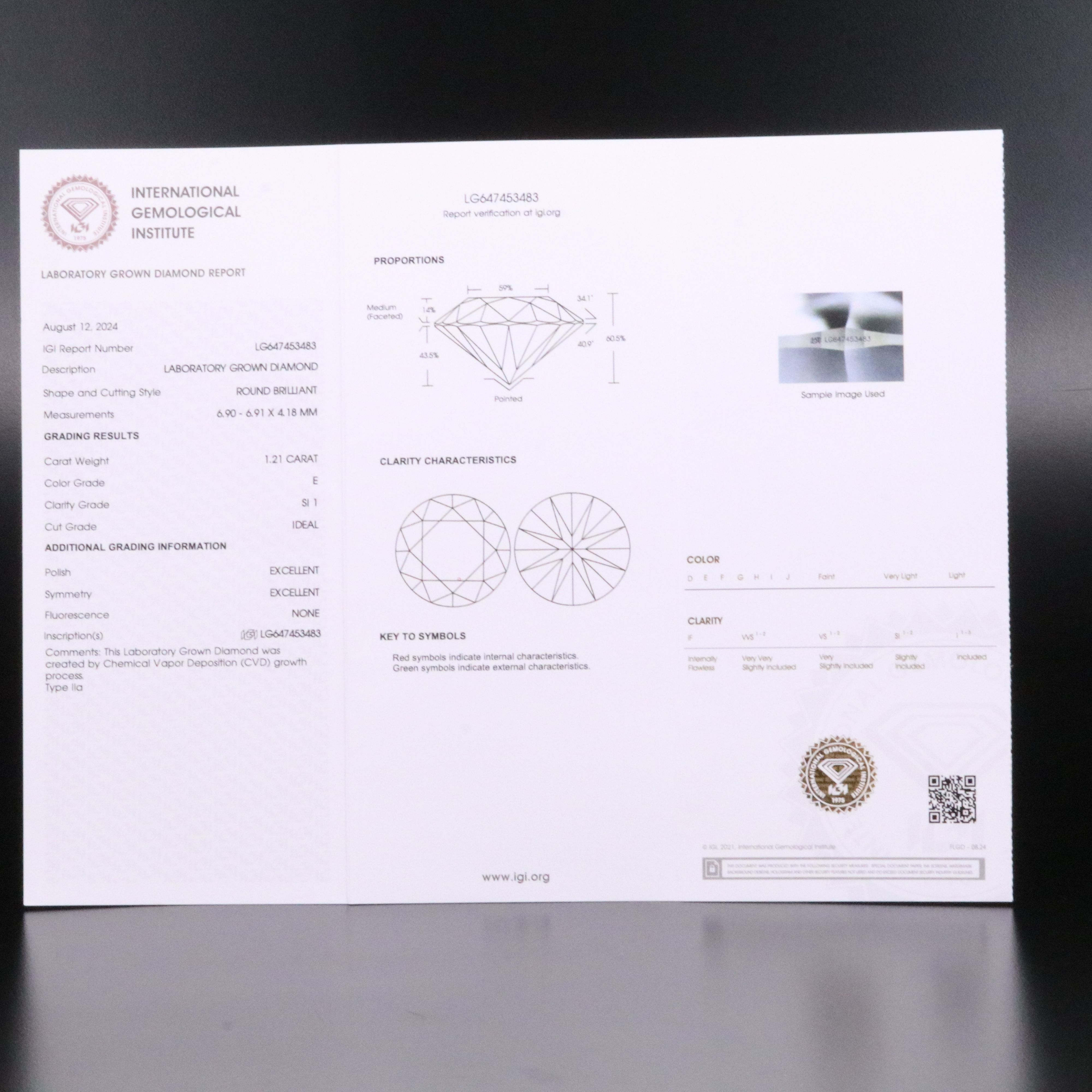 Loose 1.21 CT Lab Grown Diamond with IGI Report