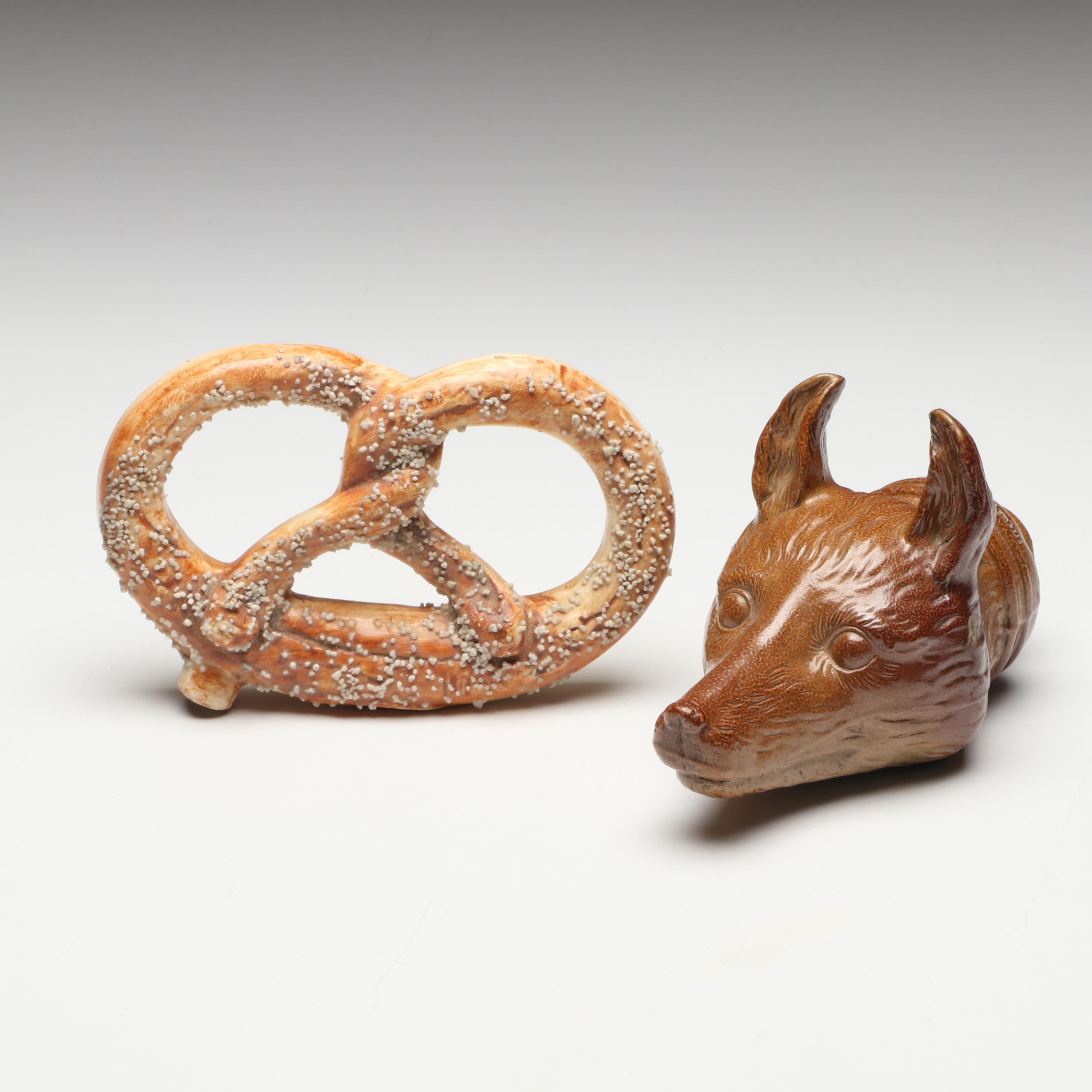 Stephen Green Stoneware Fox Head with Other Pretzel-Shaped Ceramic Flask