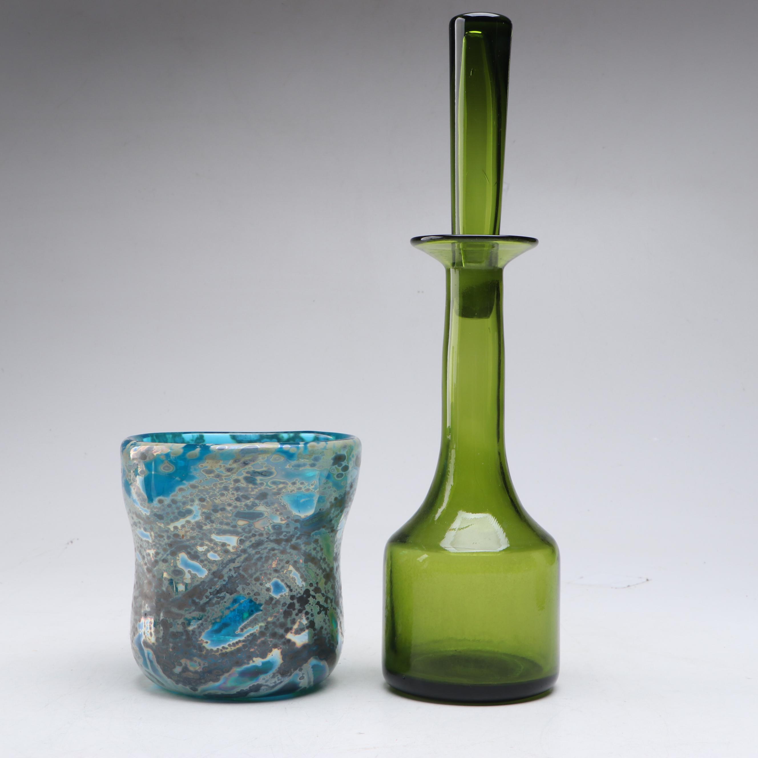 Mid Century Modern Style Green Glass Decanter and Blown Glass Tumbler