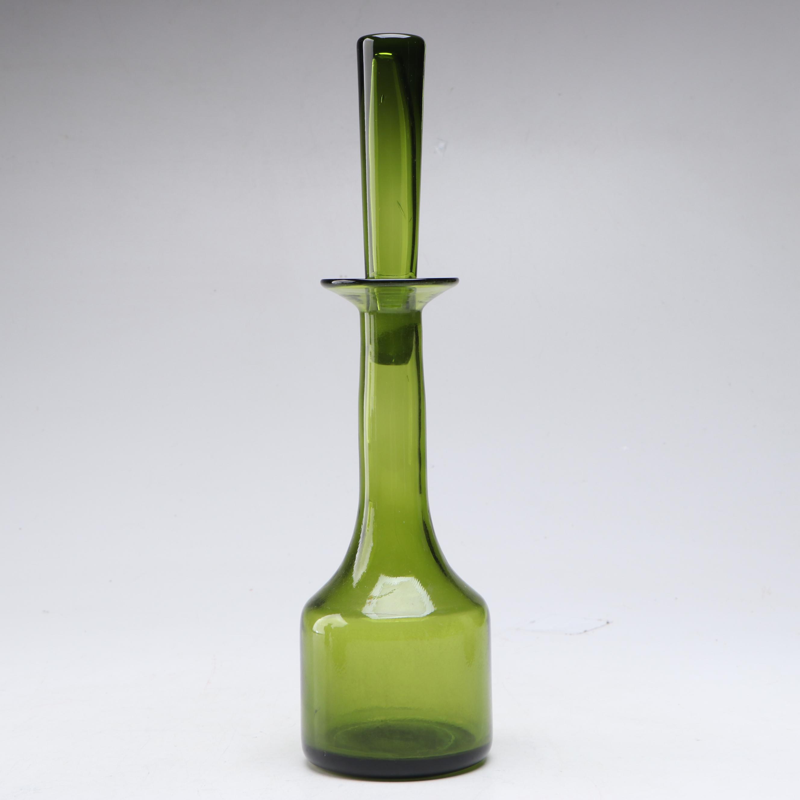 Mid Century Modern Style Green Glass Decanter and Blown Glass Tumbler