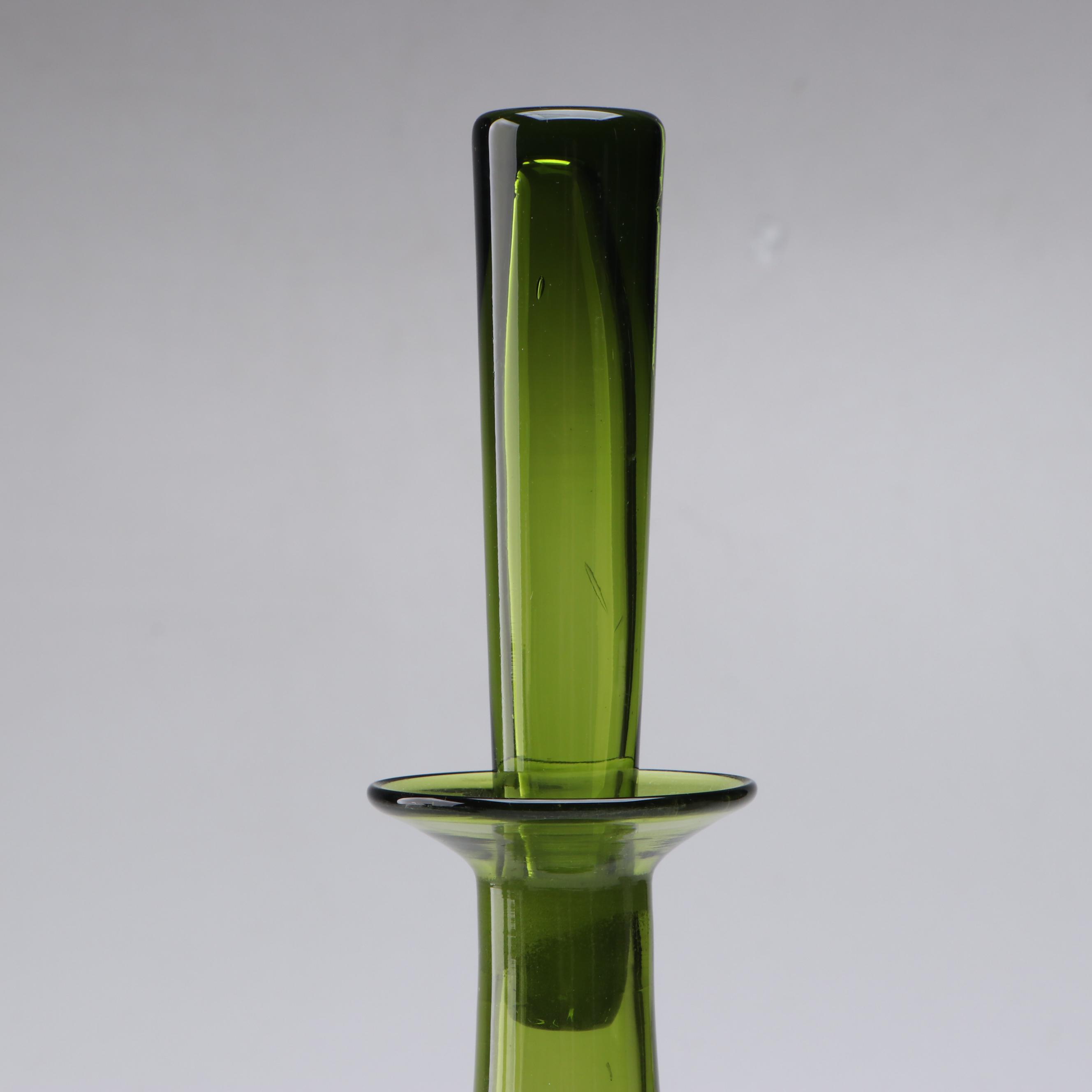Mid Century Modern Style Green Glass Decanter and Blown Glass Tumbler