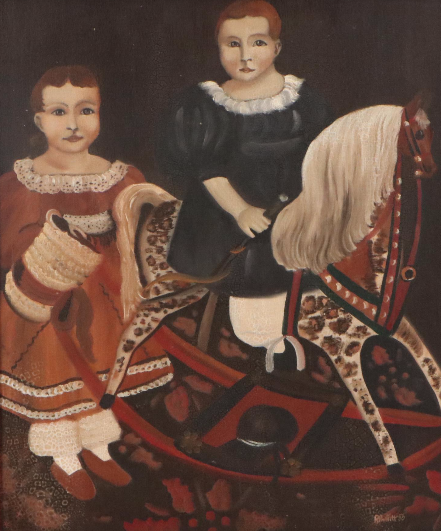 Rachel Proffitt Oil Painting of Pair of Children with Rocking Horse, 1983