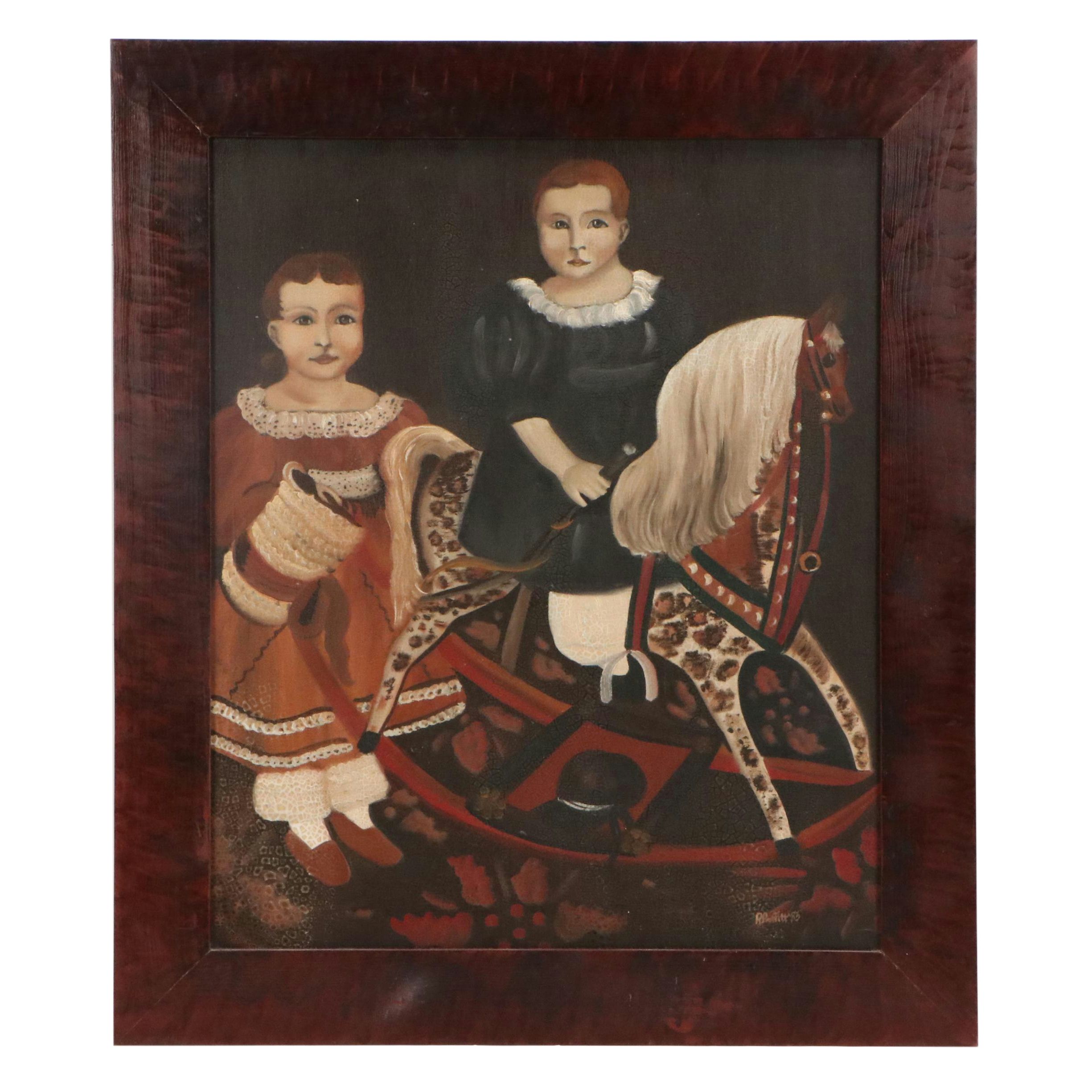 Rachel Proffitt Oil Painting of Pair of Children with Rocking Horse, 1983