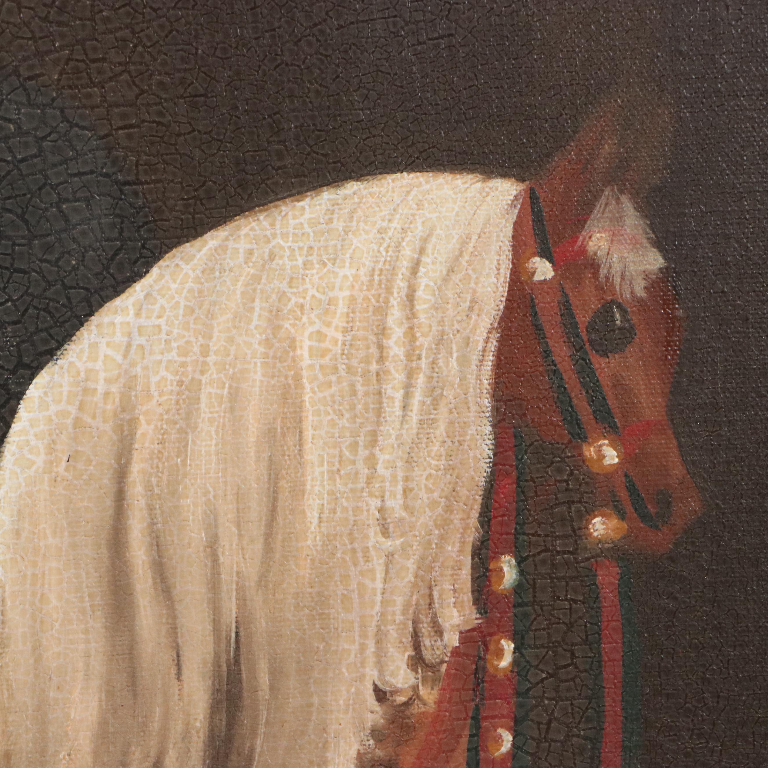 Rachel Proffitt Oil Painting of Pair of Children with Rocking Horse, 1983