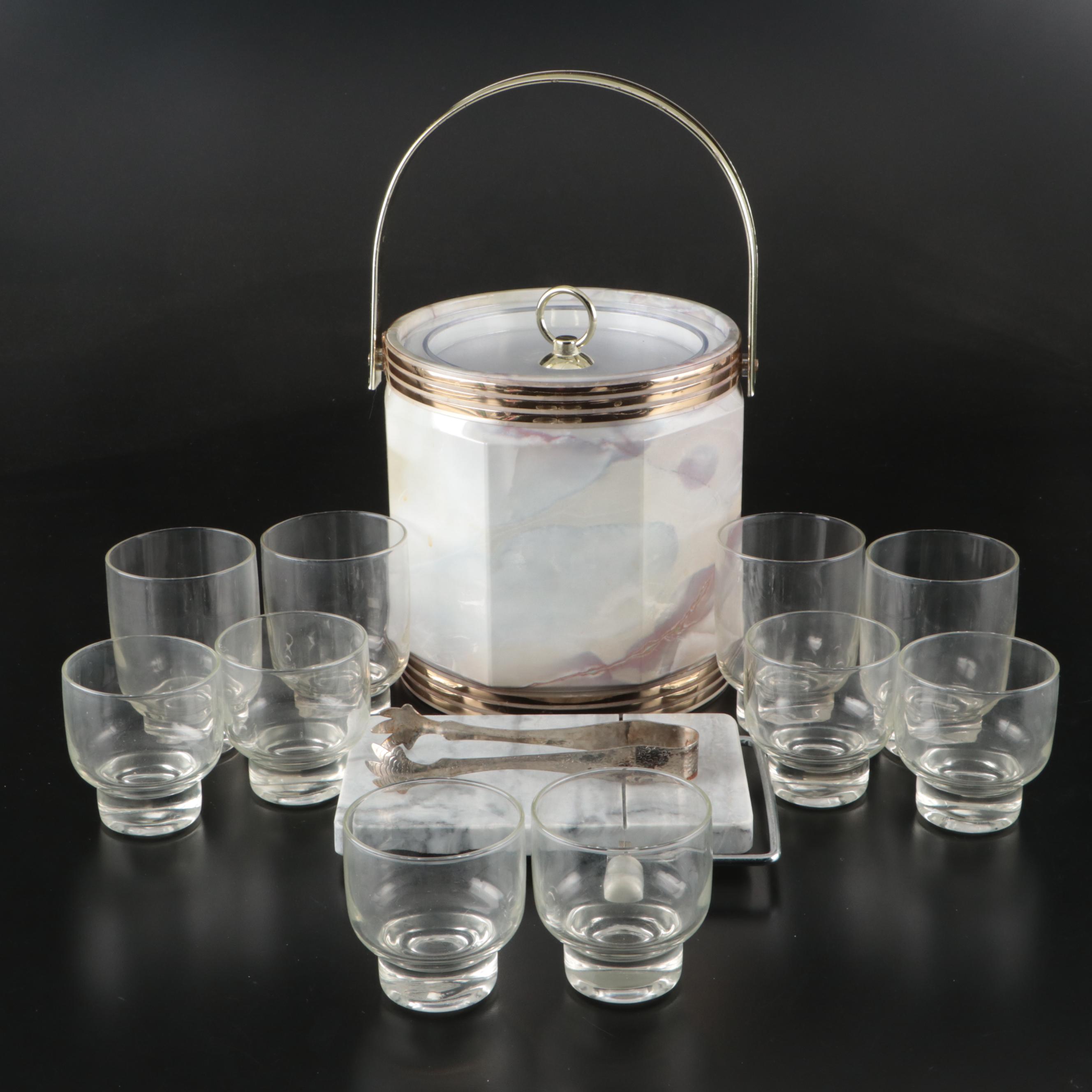 Mid Century Modern Style Cocktail Glasses with Ice Bucket and Cheese Slicer