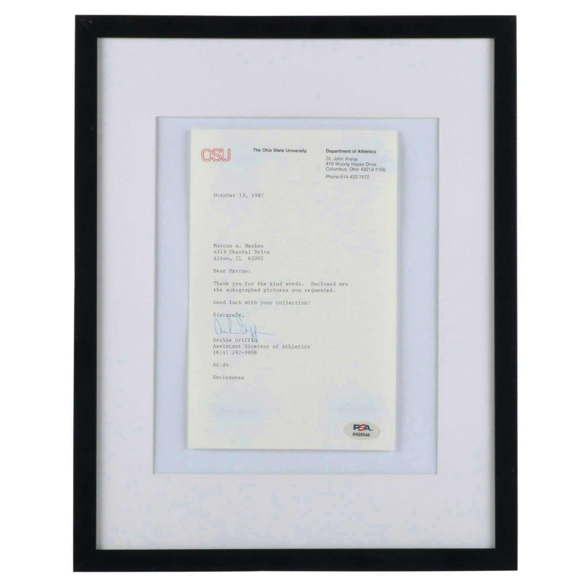 Archie Griffin Signed Ohio State University Letter, PSA