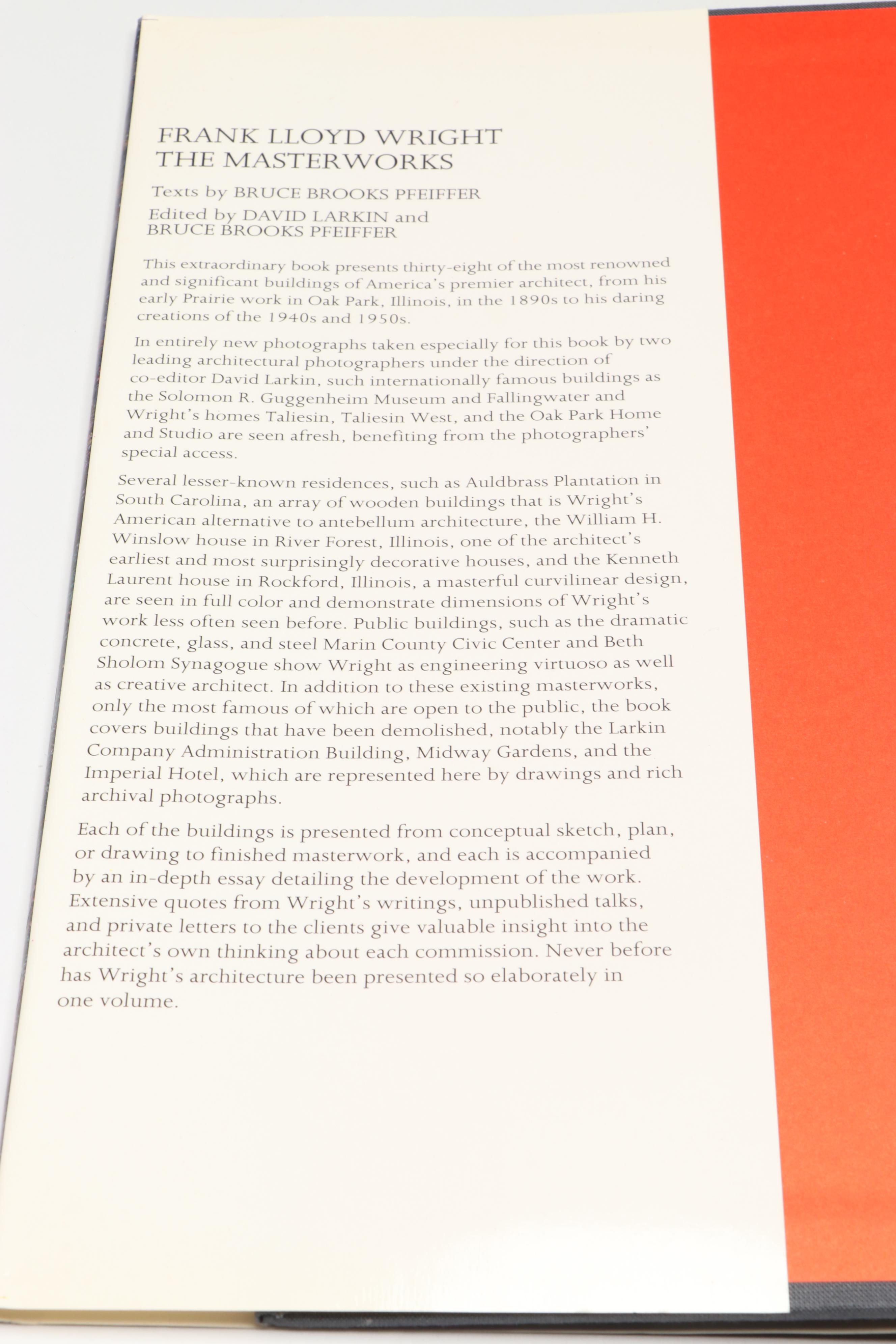 First Edition "Frank Lloyd Wright: The Masterworks" by Pfeiffer and Larkin, 1993