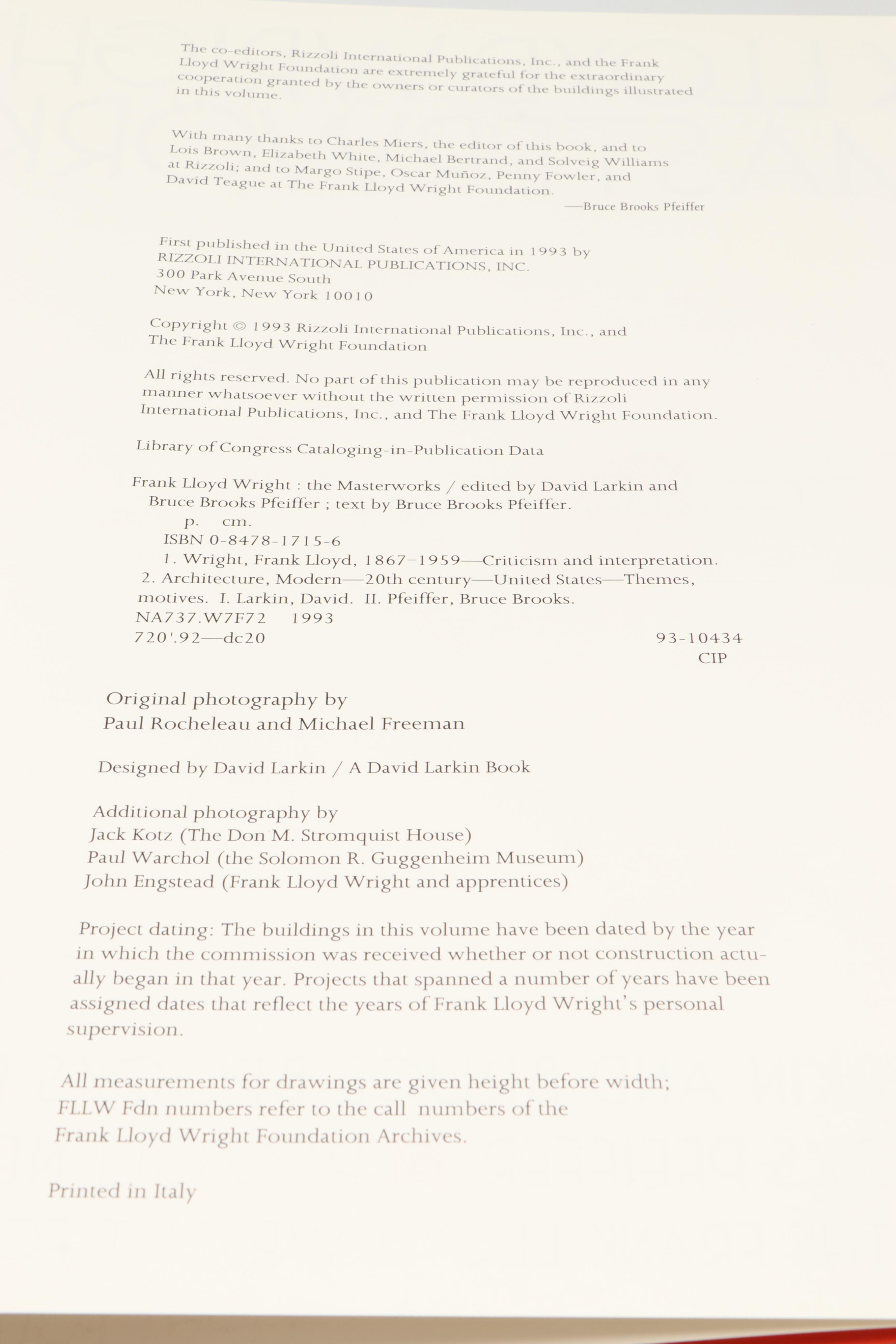 First Edition "Frank Lloyd Wright: The Masterworks" by Pfeiffer and Larkin, 1993