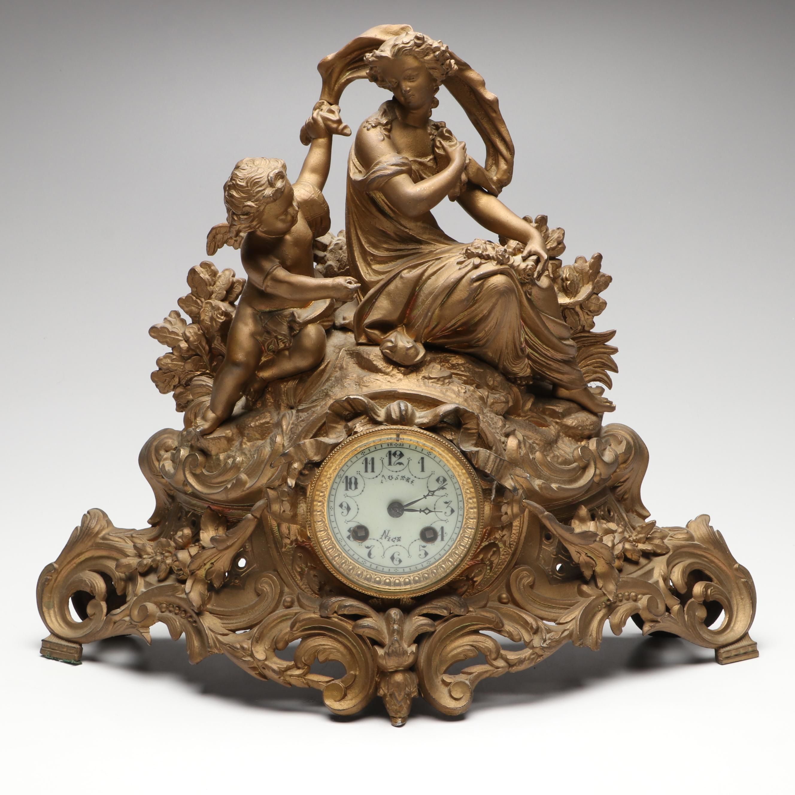 French Rococo Style Metal Figural Mantel Clock, 19th Century