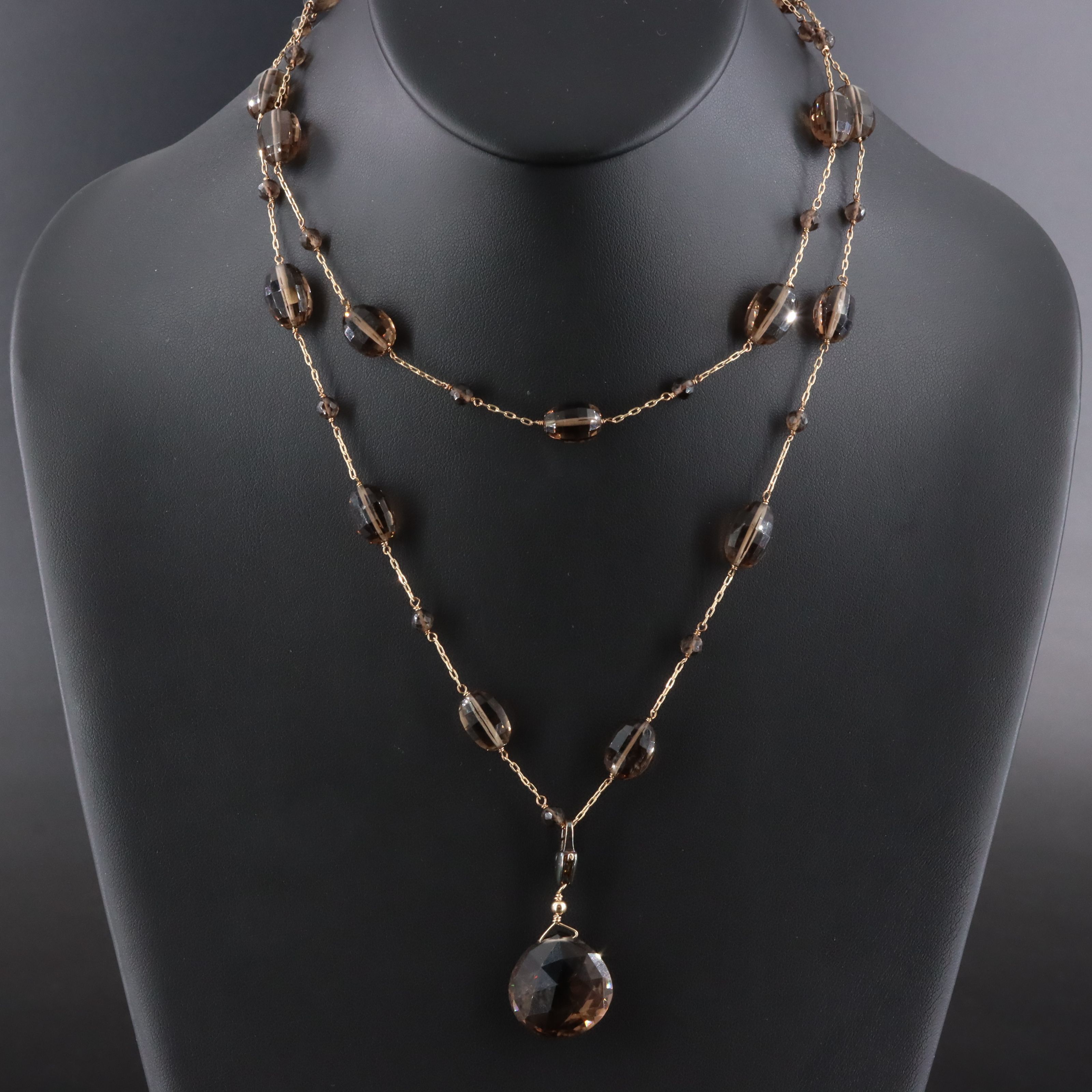 14K Smoky Quartz Station Pendant Necklace