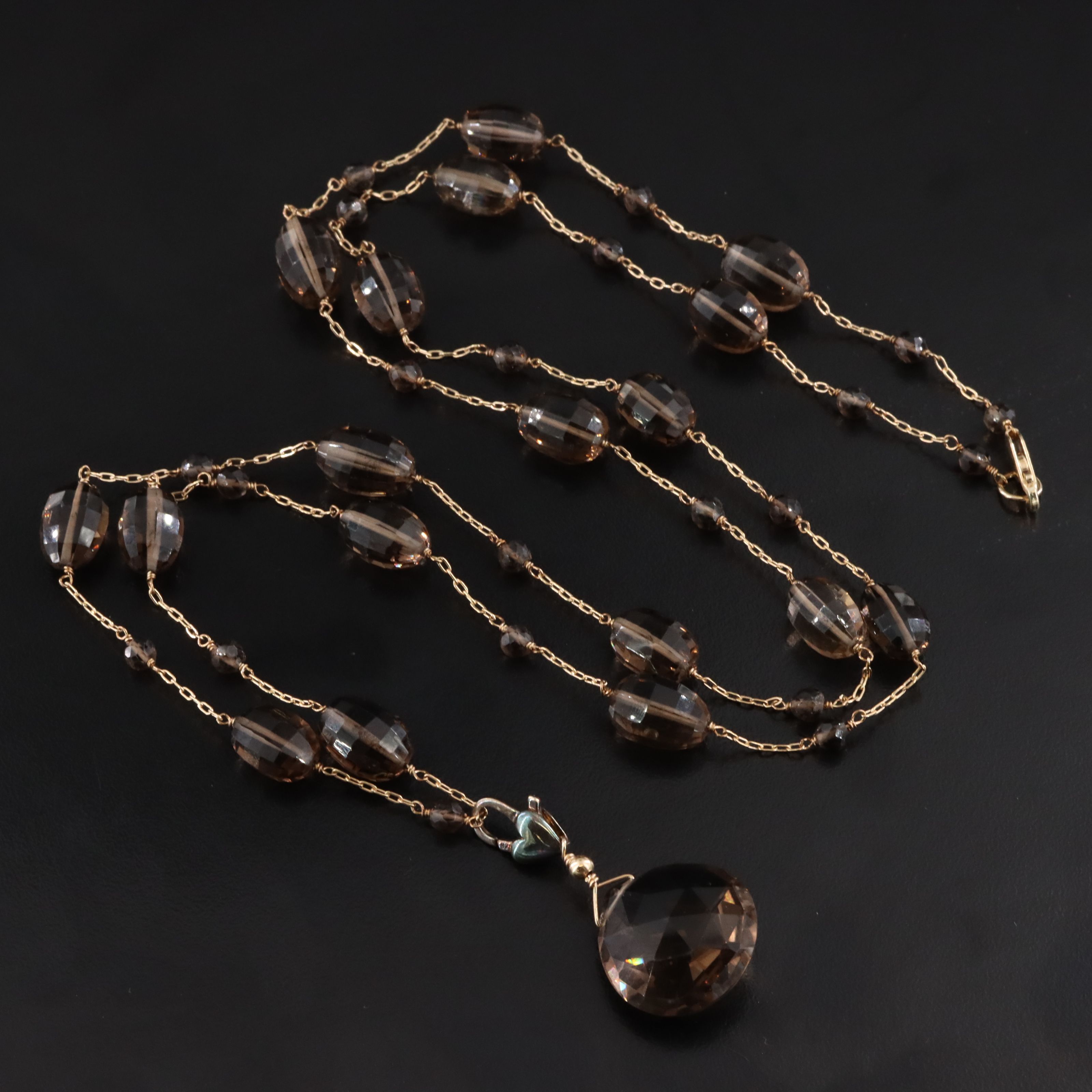 14K Smoky Quartz Station Pendant Necklace