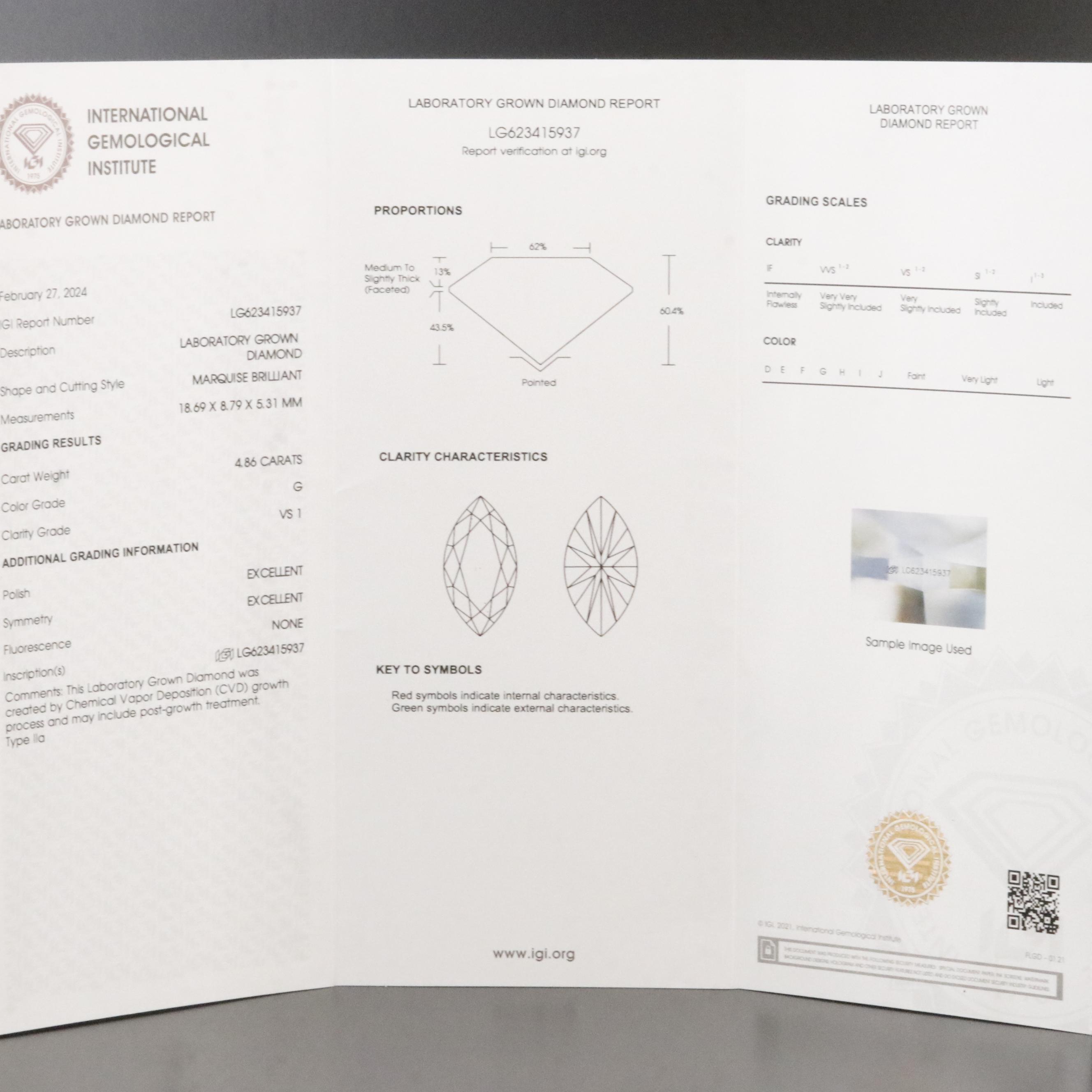 Loose 4.86 CT Lab Grown Diamond with IGI Report