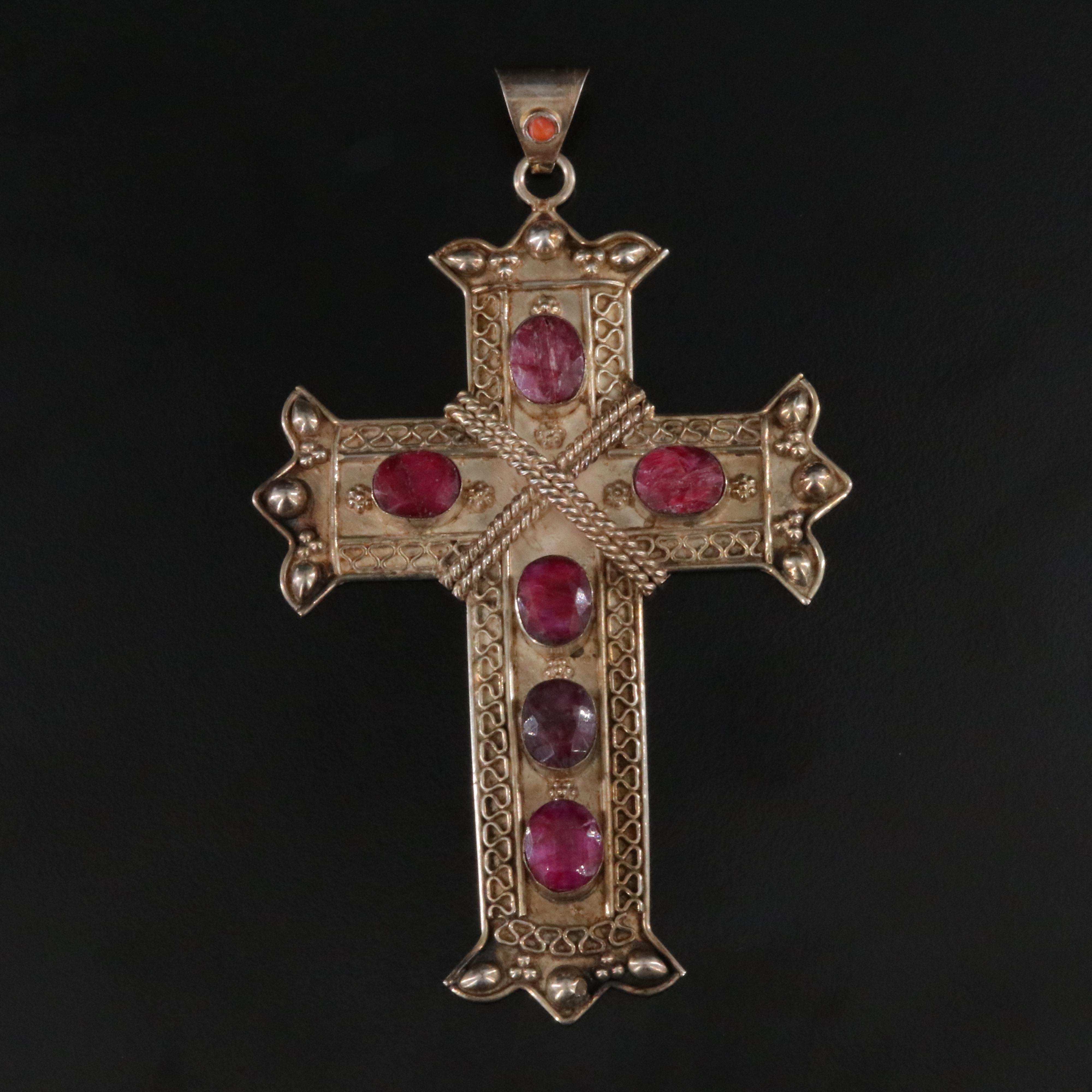 Sterling Sillimanite and Coral Cross Pendant