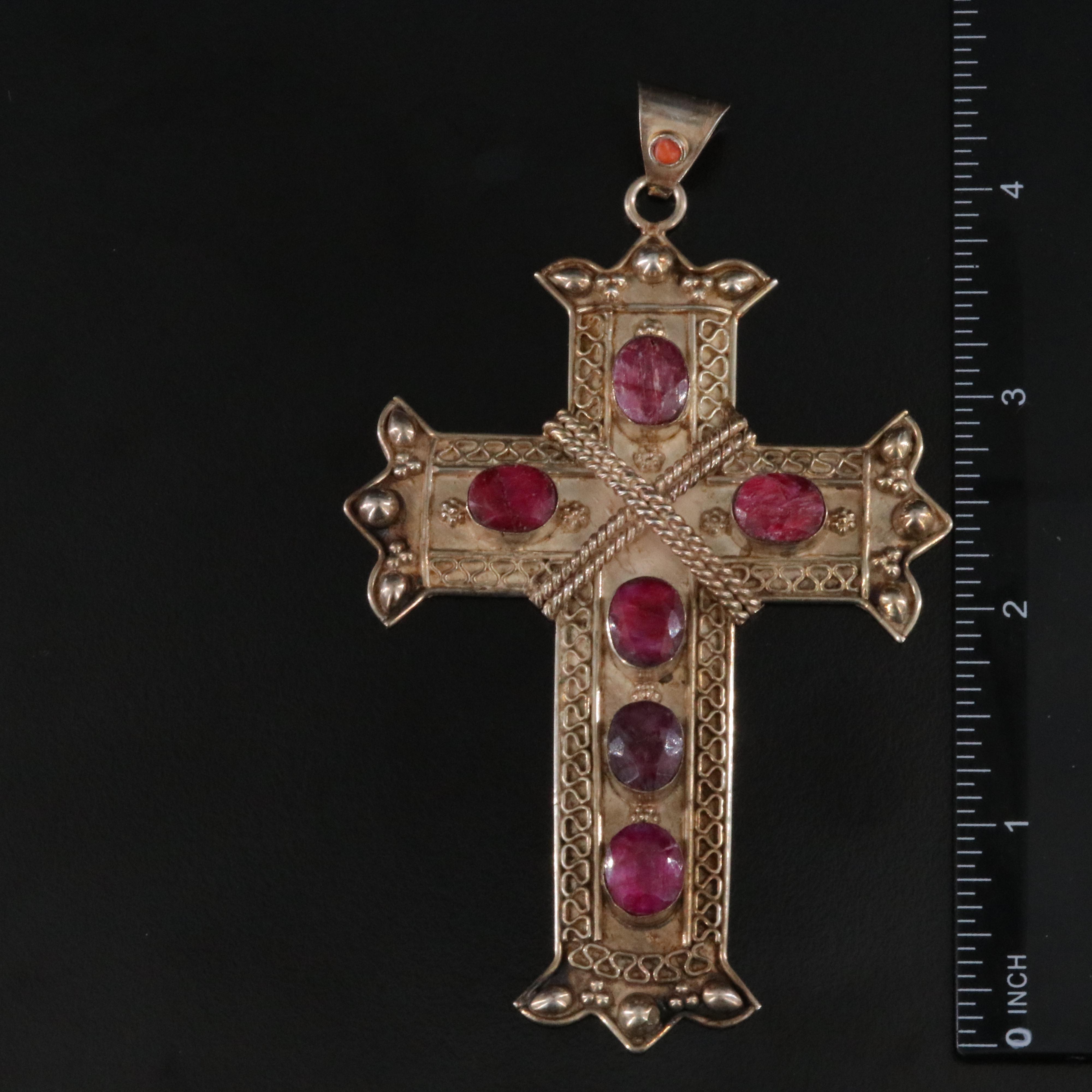 Sterling Sillimanite and Coral Cross Pendant