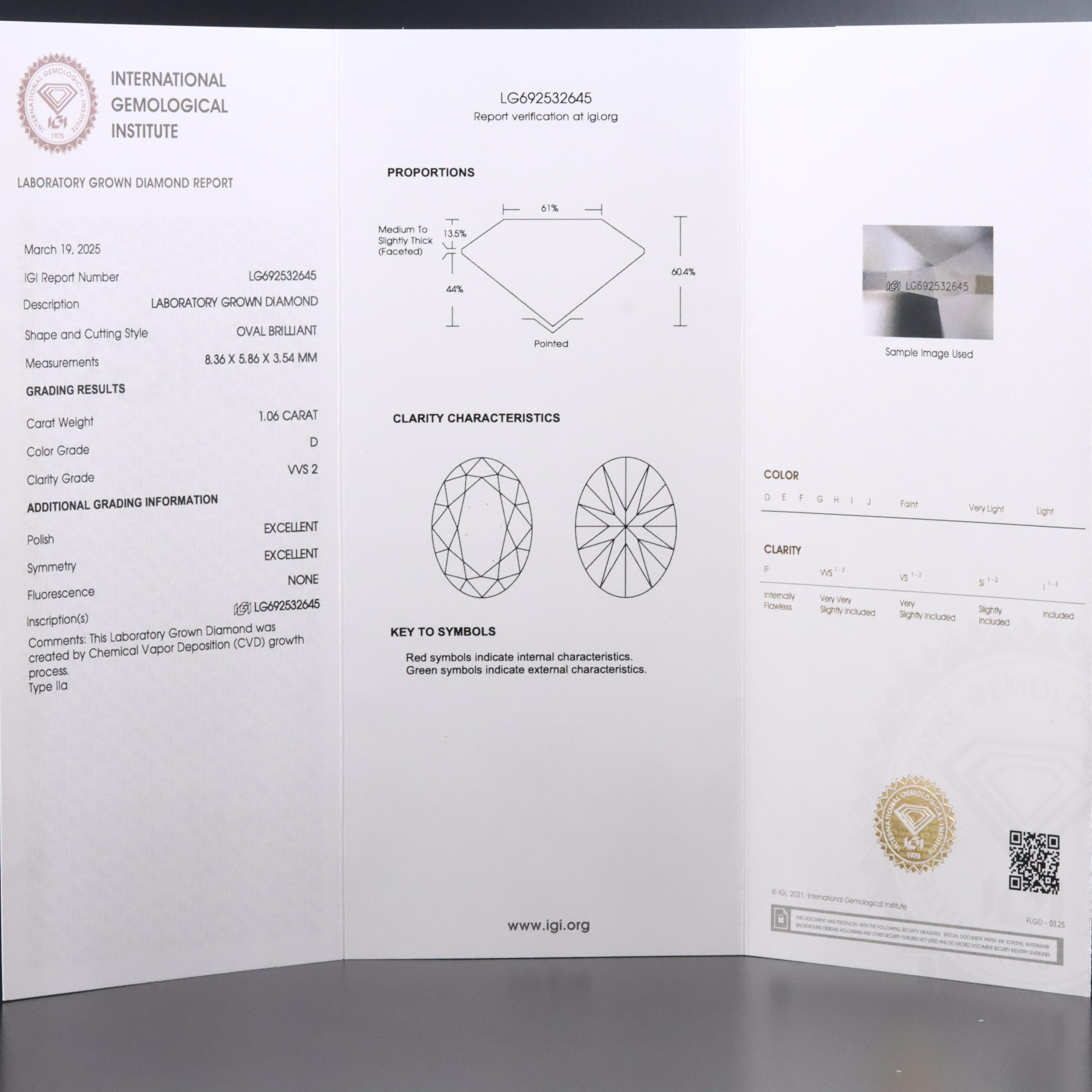 Loose 1.06 CT Lab Grown Diamond with IGI Report