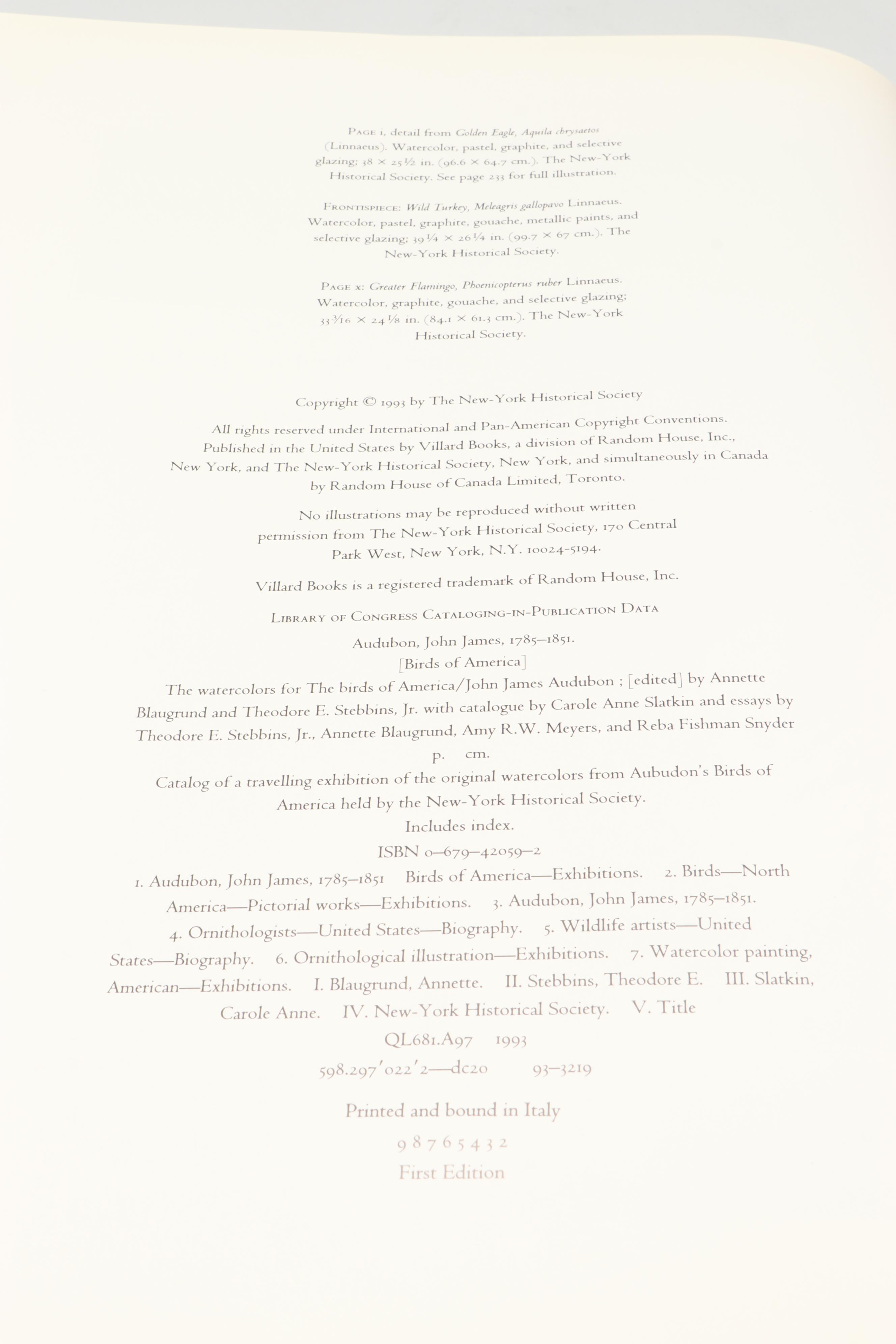 First Printing "John James Audubon: Watercolors for The Birds of America," 1993