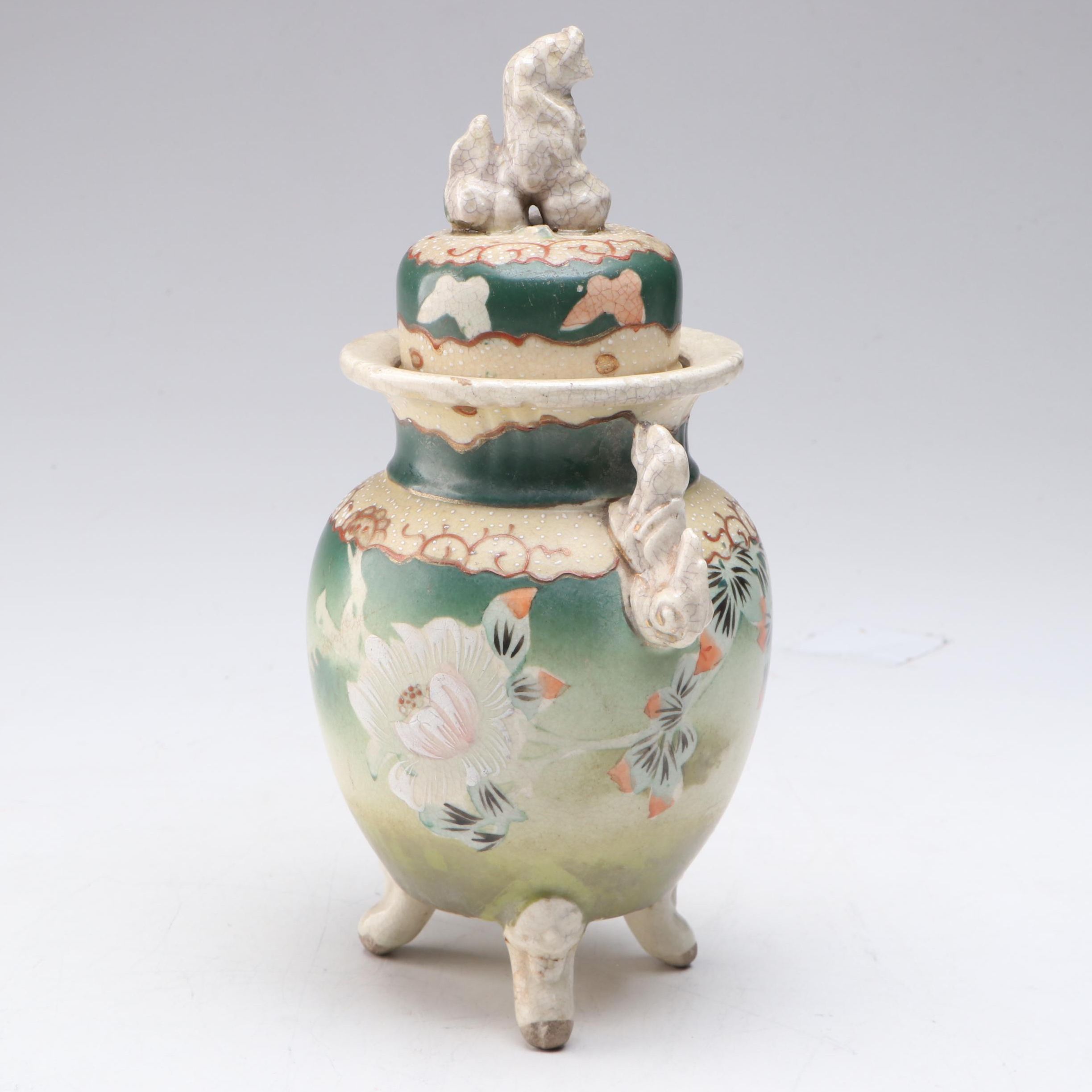 Japanese Satsuma Moriage Footed Guardian Lion Urn, 19th Century