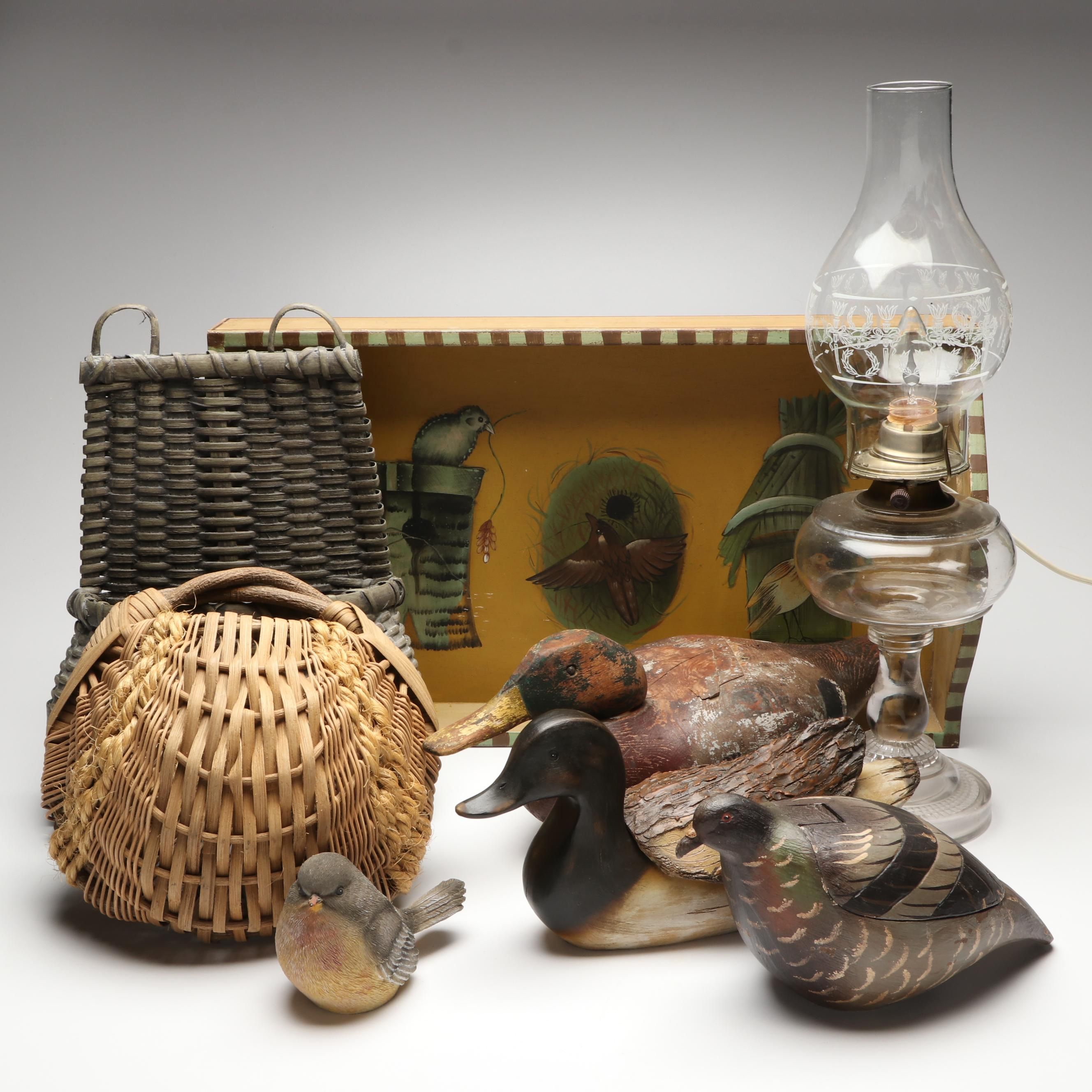 Hand-Painted Antique Style Tray with Baskets, Converted Oil Lamp and More Décor